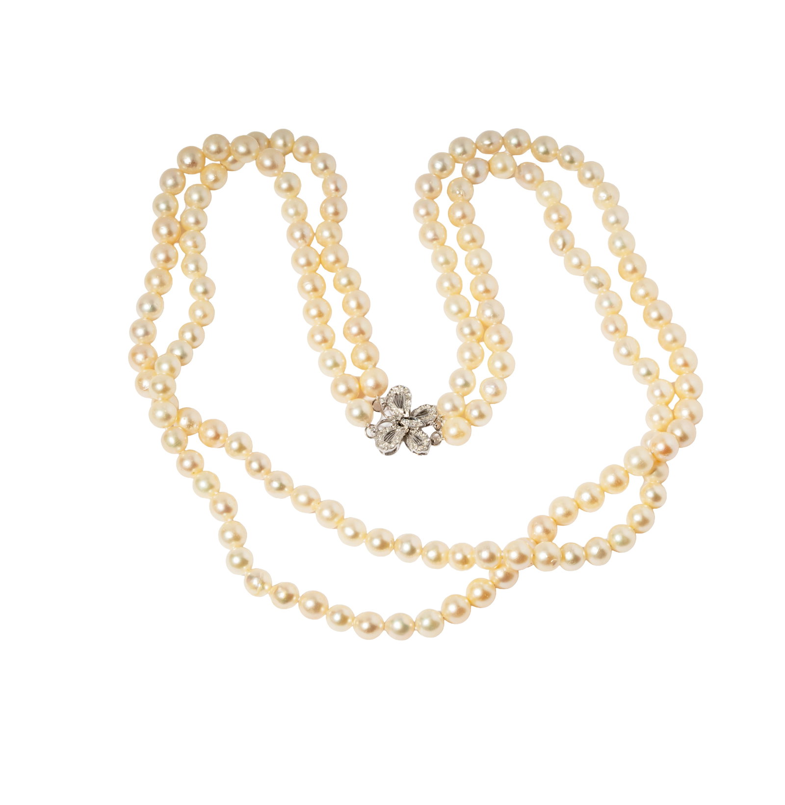 14 Karat White Gold and Diamond Double Strand Pearl Butterfly Necklace: Including one 14 karat white gold diamond and pearl necklace; Including one butterfly clasp set with 44 small round diamonds [H/SI3] weighing approximately 0.60 carats; with double strand pearls measu
