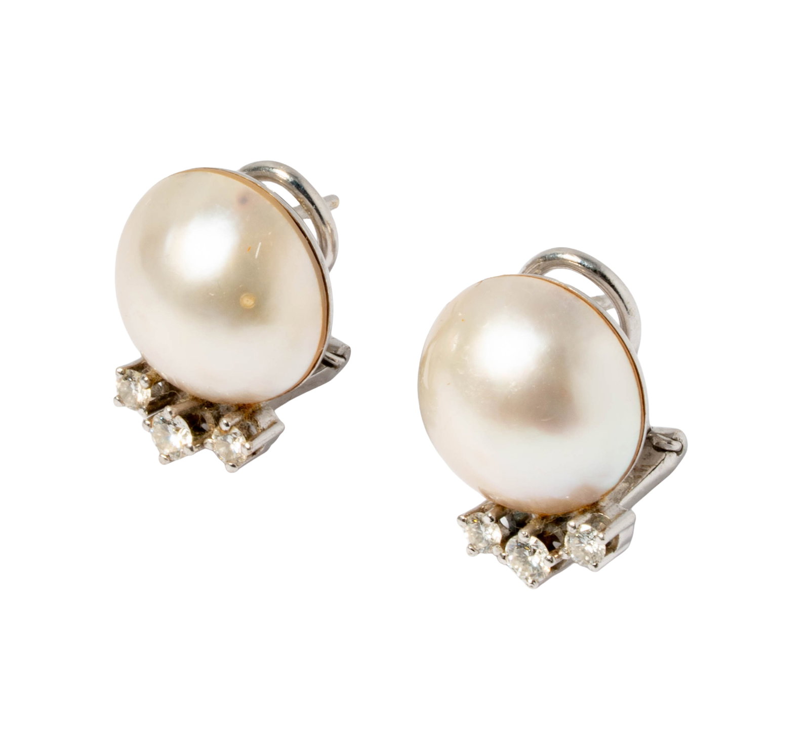 Pair of 18 Karat White Gold, Pearl, and Diamond Earrings: Including one pair of 18 karat white gold earrings set with six small round diamonds weighing approximately 0.30 carats total; measuring 16.82mm tall, weighing 7.8 grams;