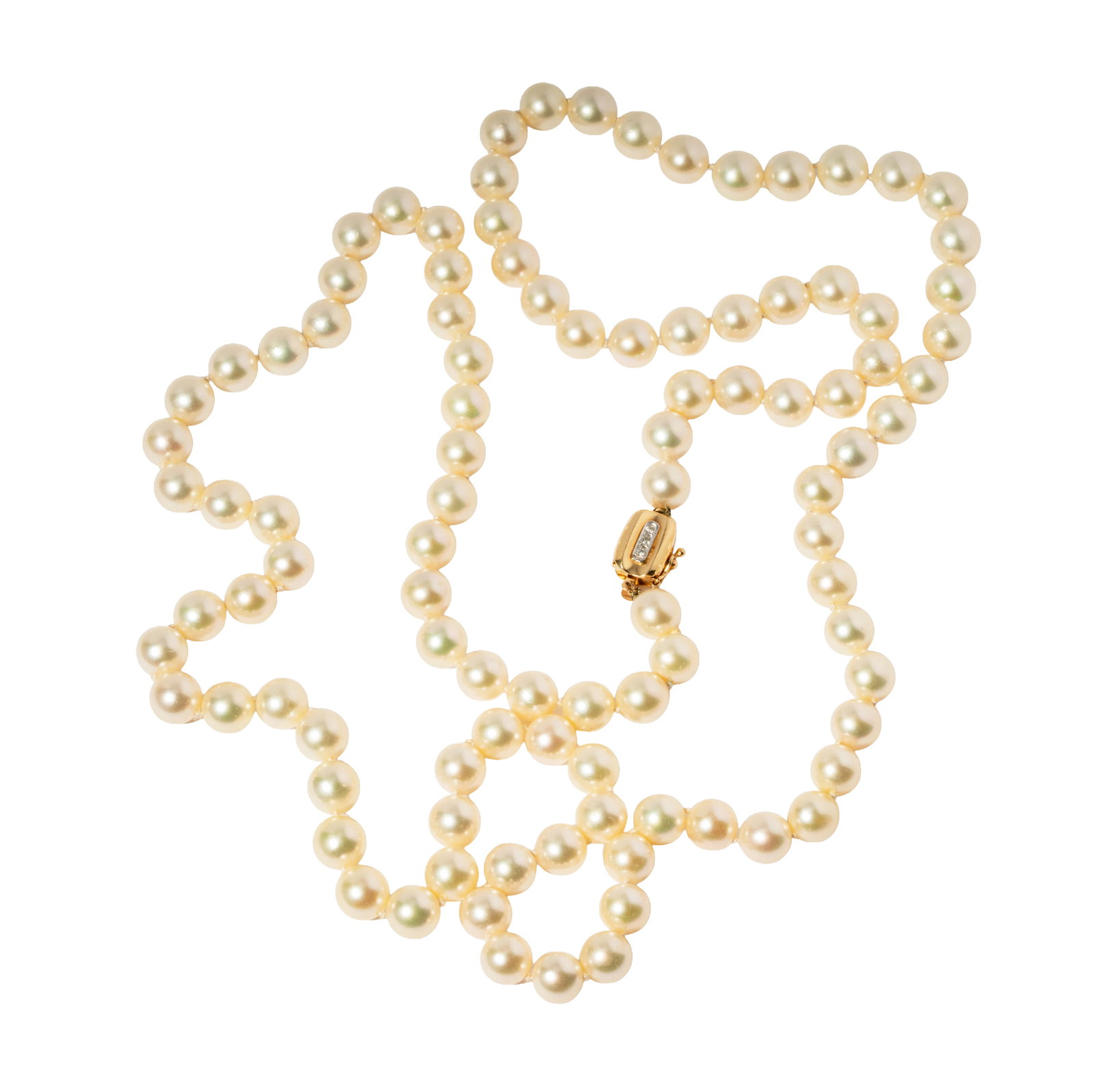 14 Karat Yellow Gold and Diamond Pearl Necklace: Including one 14 karat yellow gold diamond pearl necklace, including one strand of small round pearls measuring approximately 7.90mm-8.05mm in diameter; clasp set with six small round diamonds; neckla