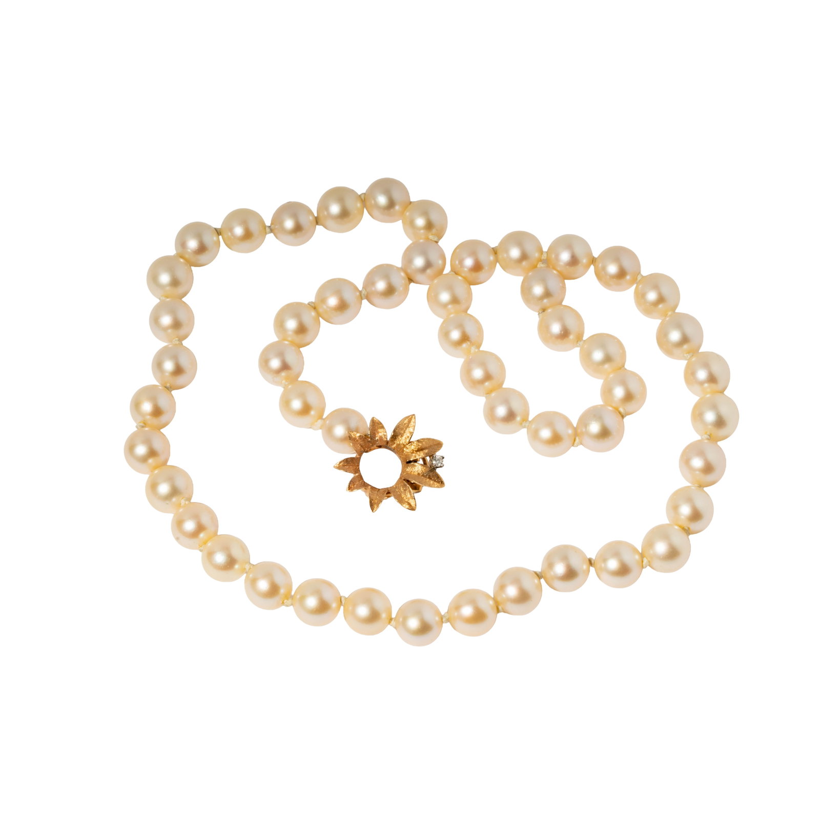14 Karat Yellow Gold Pearl and Diamond Necklace: Including one 14 karat yellow gold adjustable clasp pearl necklace, set with small round cultured pearls measuring 7.40mm-7.50mm in diameter, necklace measuring 16-7/8 inches long;
