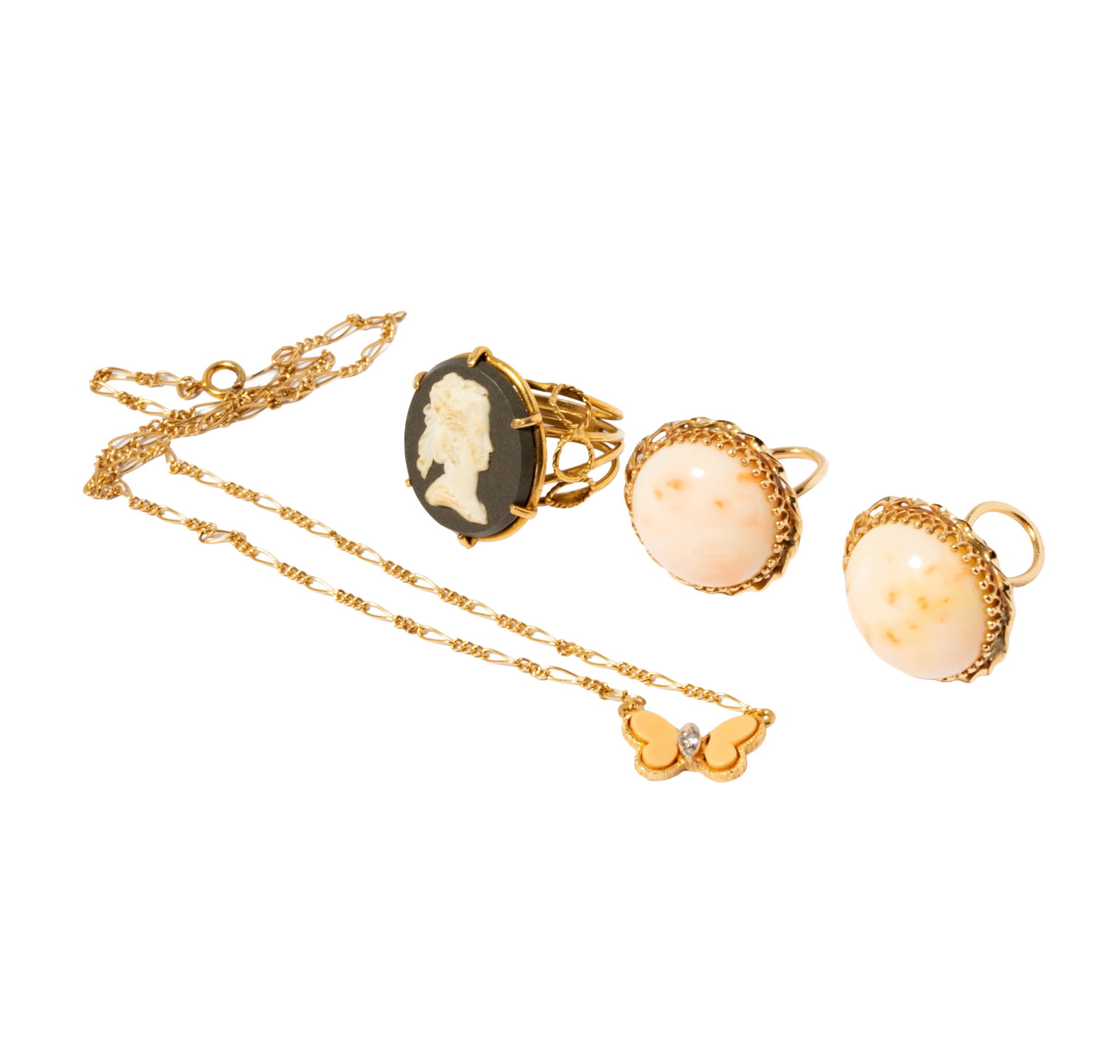 14 Karat YellowGold Cameo Ring with Coral Necklace and Earrings: Including one assembled suite of 14 karat yellow gold pair of earrings, ring and necklace; one pair of coral earrings measuring 21.45mm in diameter, one wedgewood ring size: 4-3/4, and one coral and d