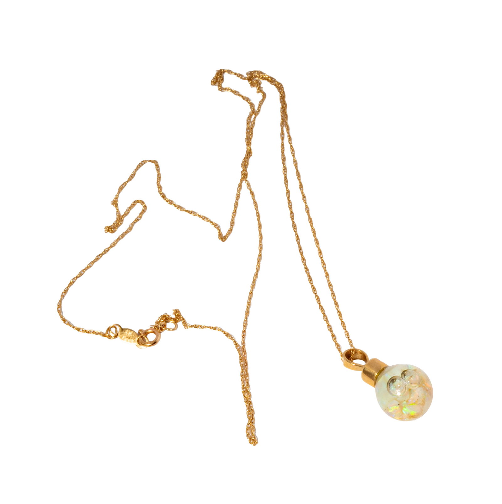 14 Karat Yellow Gold Australian Opal Necklace: Including one 14 karat yellow gold opal necklace, with one opal enclosed pendant measuring 19.10mm tall including bale, chain measuring 17 inches long, 1.7 grams;