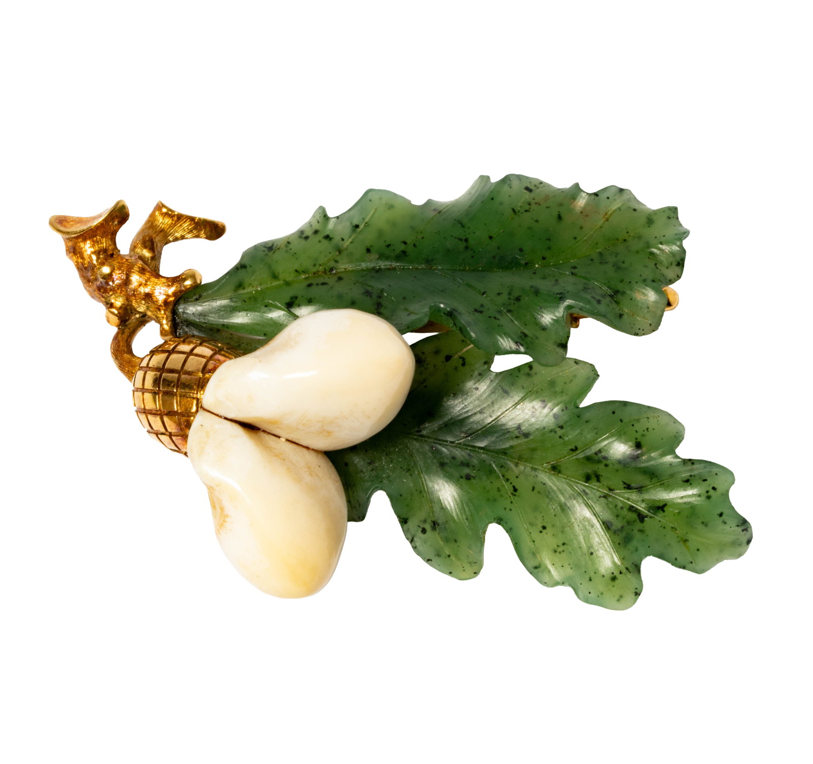18 Karat Yellow Gold Jade and Bone Brooch: Including one 18 karat yellow gold jade and bone brooch, with steel pin measuring 2-1/4 inches tall by 1-1/2 inches wide; weighing 16.2 grams;