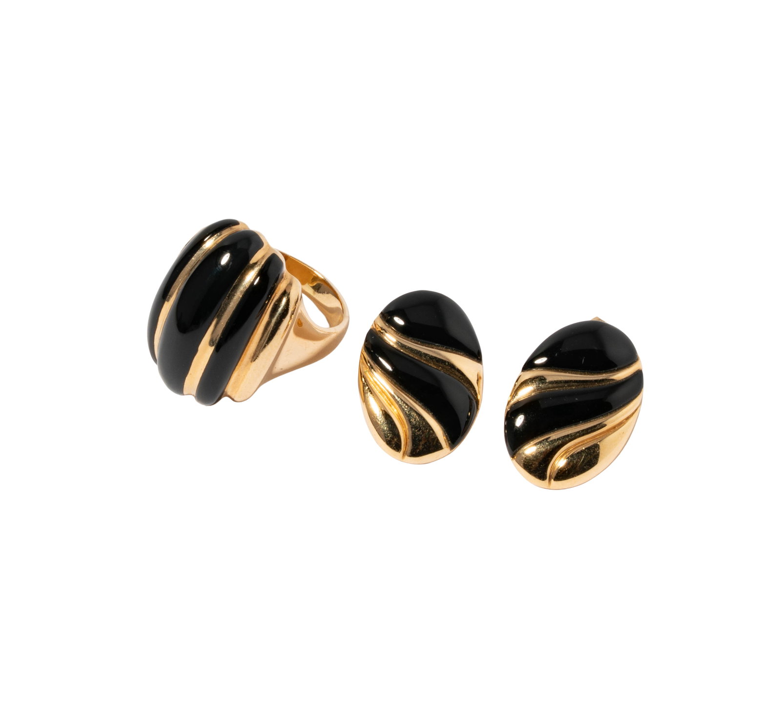 One Pair of 14 Karat Yellow Gold, Enamel and Onyx Earrings and Ring (1 of 7)