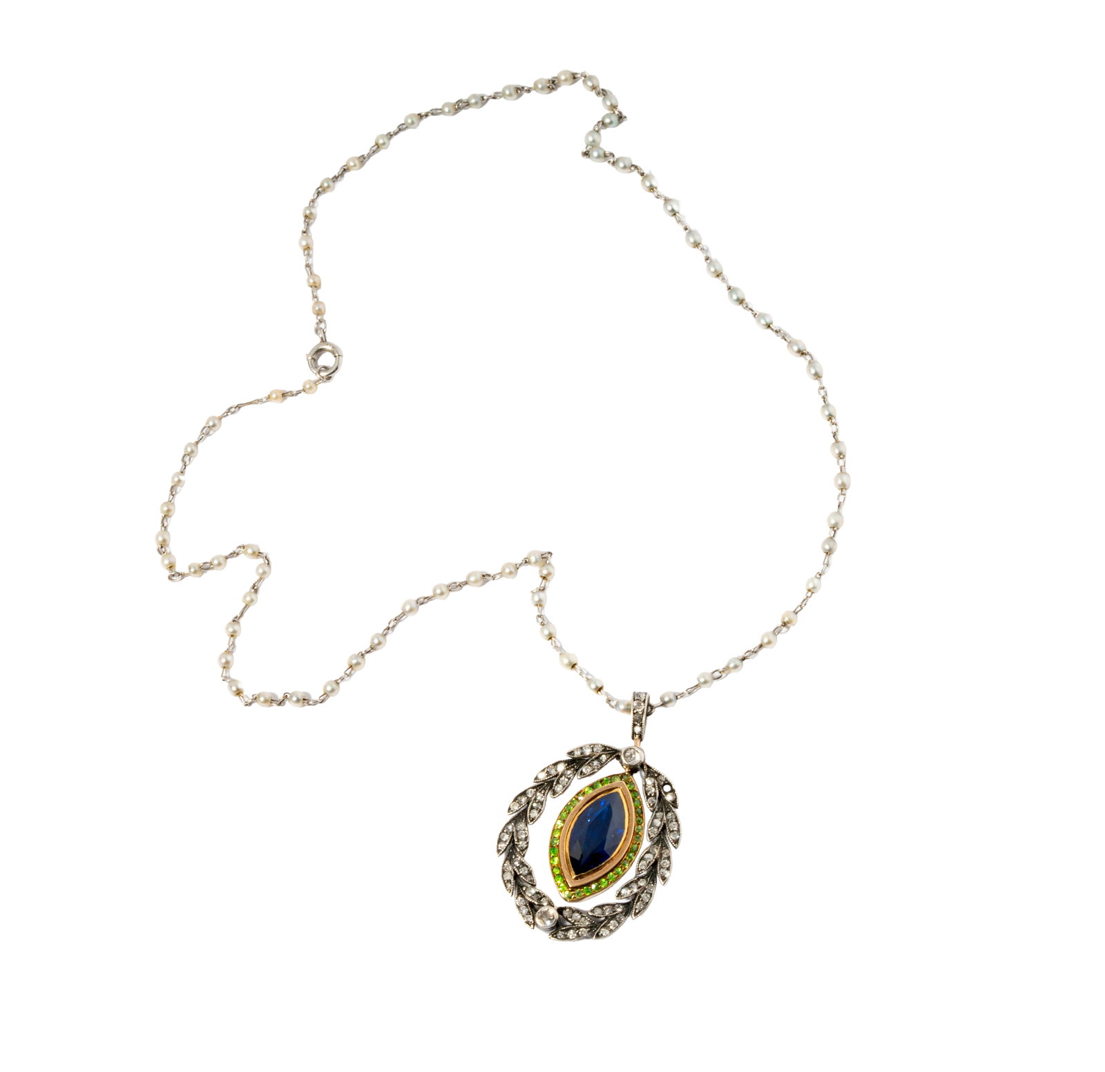 A Demantoid, Synthetic Sapphire, Diamond, Silver and Gold Pendant with Seed Pearl Platinum Chain (1 of 10)