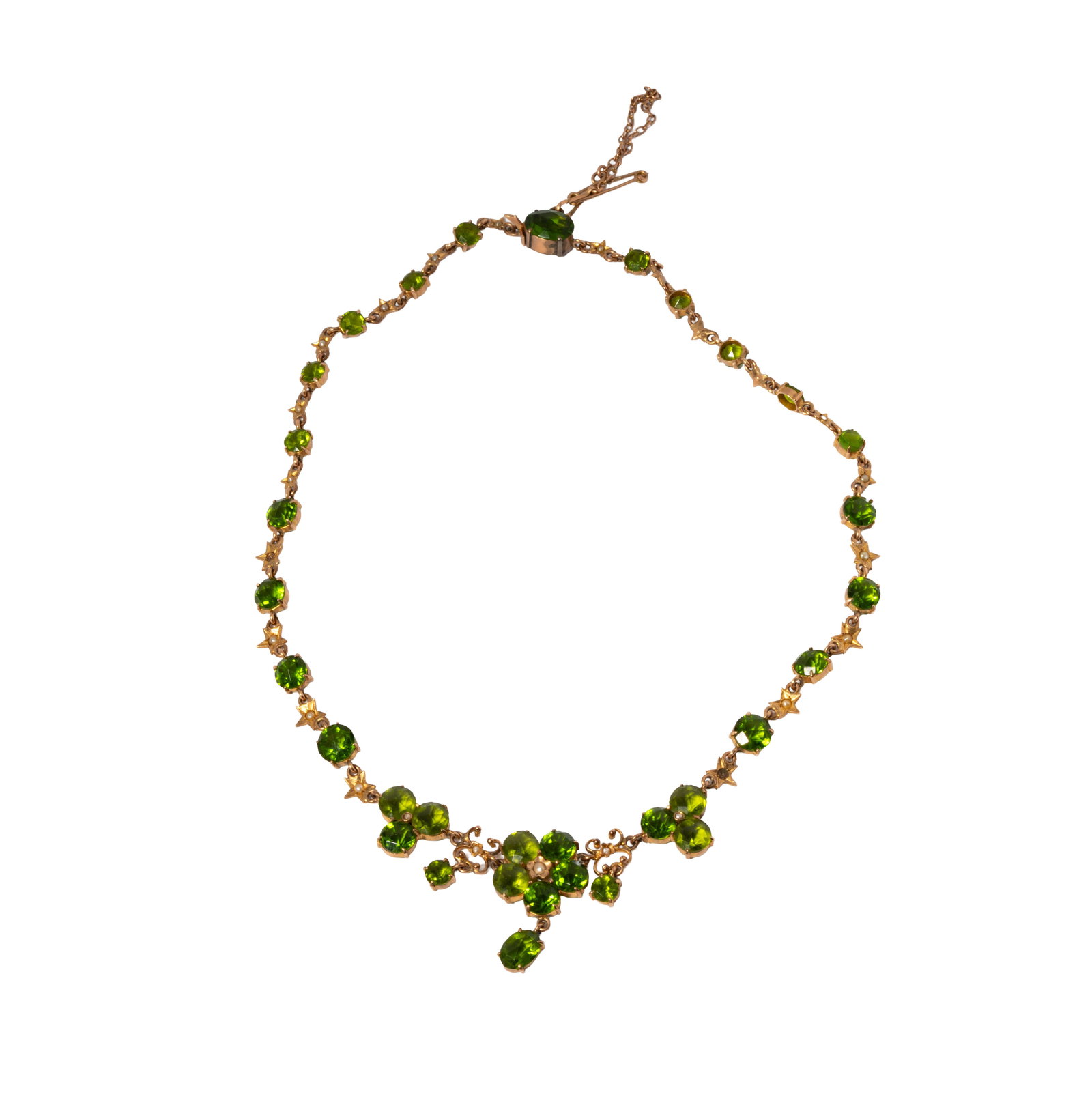 Victorian Revival, 9 Karat, Green Glass, and Pearl Necklace: Including one Victorian revival 9 karat gold and green glass necklace, necklace set with multiple rose cut glass and accented with seed pearls; measuring 15-1/4 inches long and weighing 19 grams;