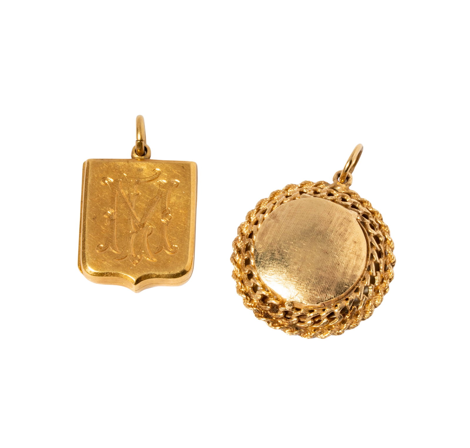 Two Yellow Gold Lockets: Including one 18 karat yellow gold engraved pendant, measuring 32.05mm tall including bale, weighing 8.5 grams, and one 14 karat yellow gold pendant, measuring 36.42mm tall including bale, weighing 9.