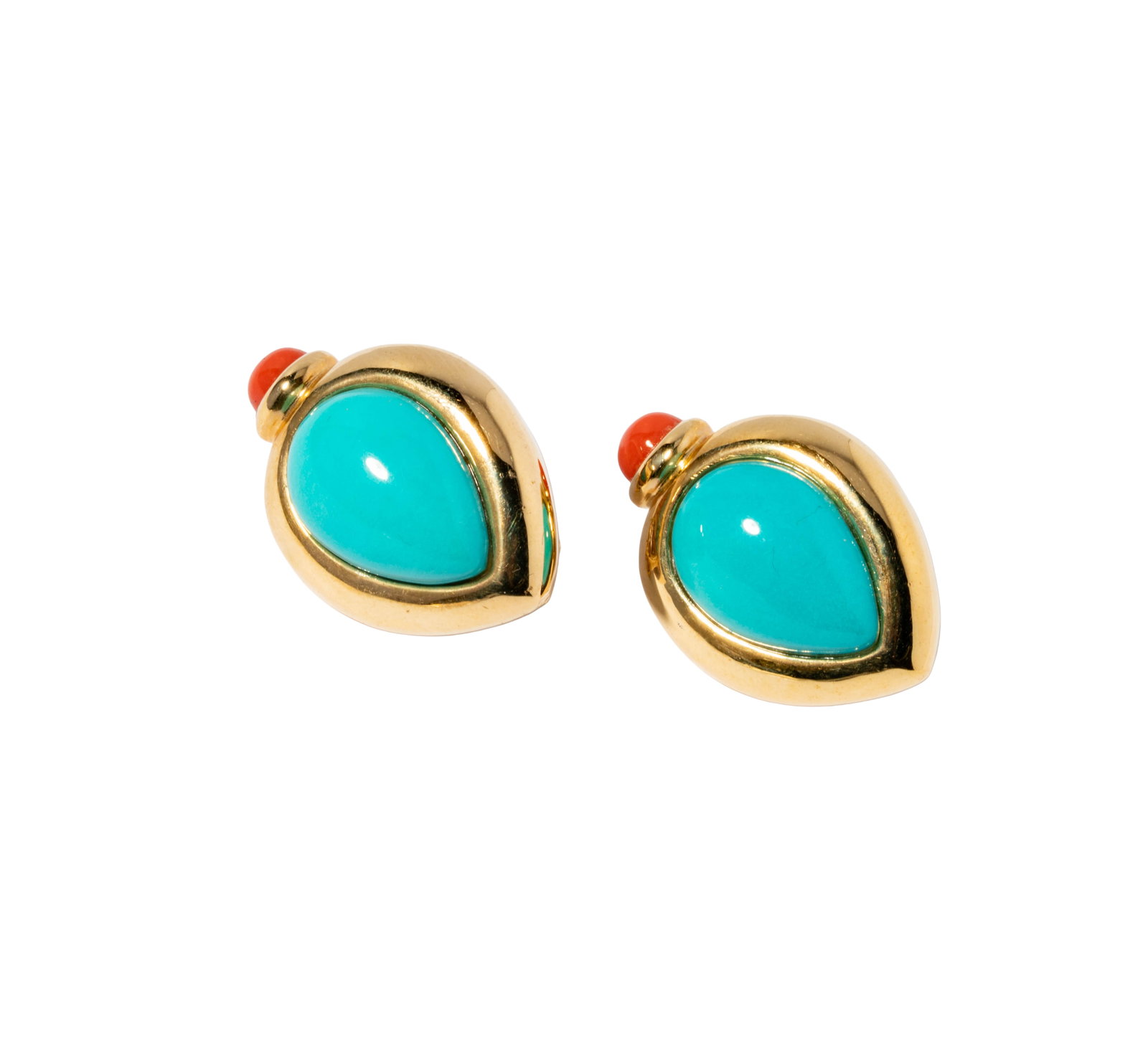 14 Karat Yellow Gold Coral and Turquoise Earrings: Including one pair of 14 karat turquoise and coral earrings; pear shaped turquoise measuring approximately 16.65mm by 11.80mm, and one coral measuring 5.55mm in diameter; earrings measuring 1-1/16 inc