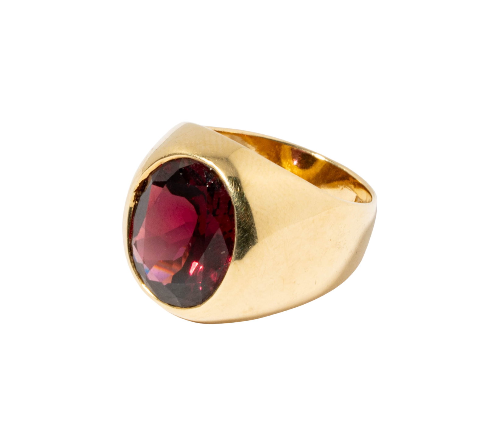 14 Karat Yellow Gold Garnet Ring: Including one 14 karat yellow gold garnet ring, garnet measuring approximately 14.45x12.00mm; size: 8, weighing 11.8 grams;