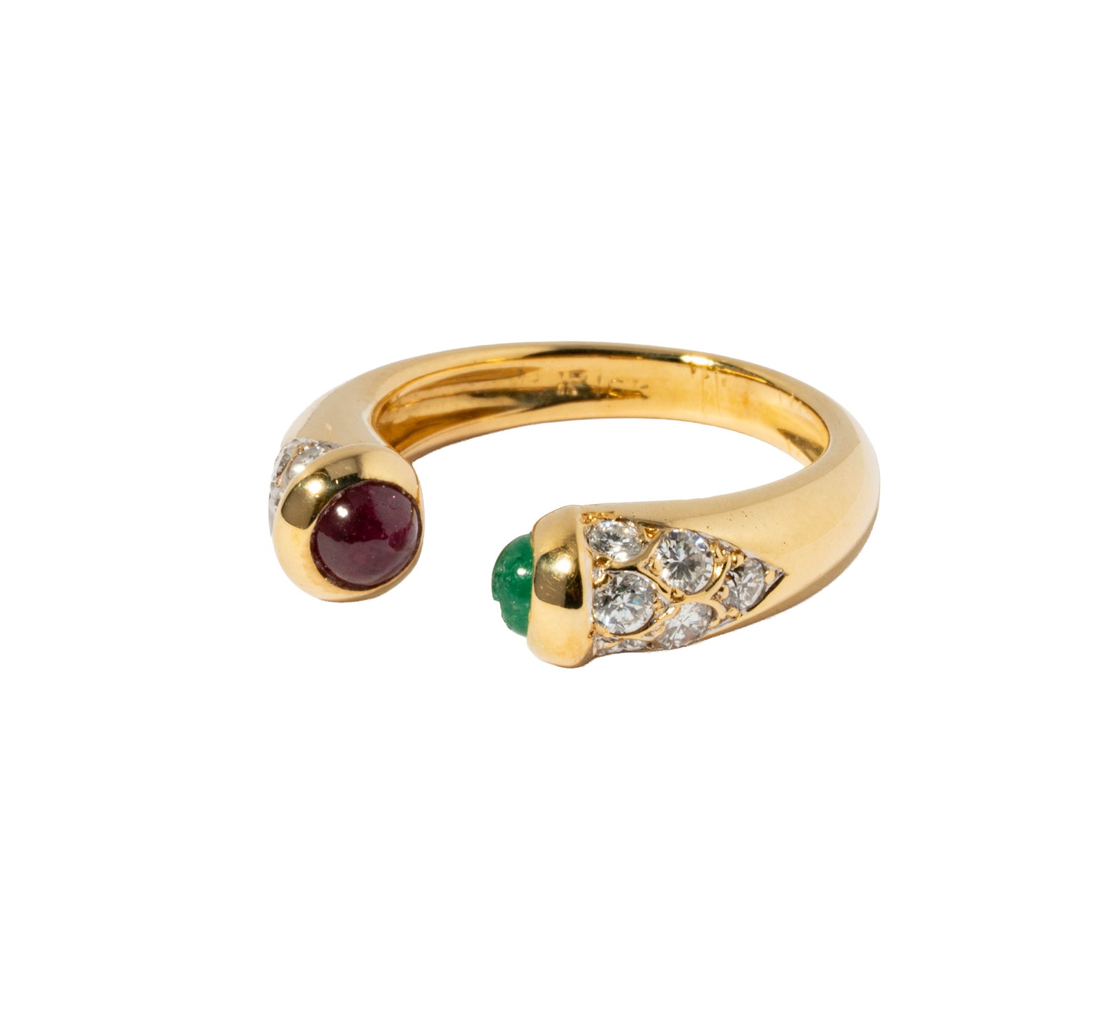 18 Karat Yellow Gold Diamond, Ruby and Emerald Ring: Including one gem-set ring, with one cabochon ruby and emerald, with12 small round diamonds [G-H/SI]weighing approximately 0.35 carats; size: 6, weighing 4.8 grams;