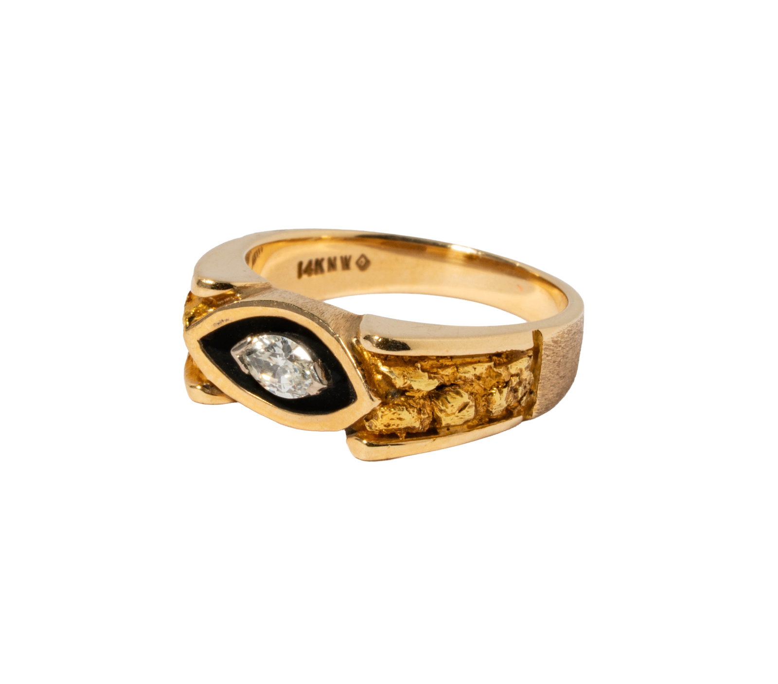 14 Karat Yellow Gold and Diamond Ring: Including one 14 karat yellow gold nugget motif ring set with one marquise diamond weighing 0.15 carats, size: 6, weighing 5.5 grams;