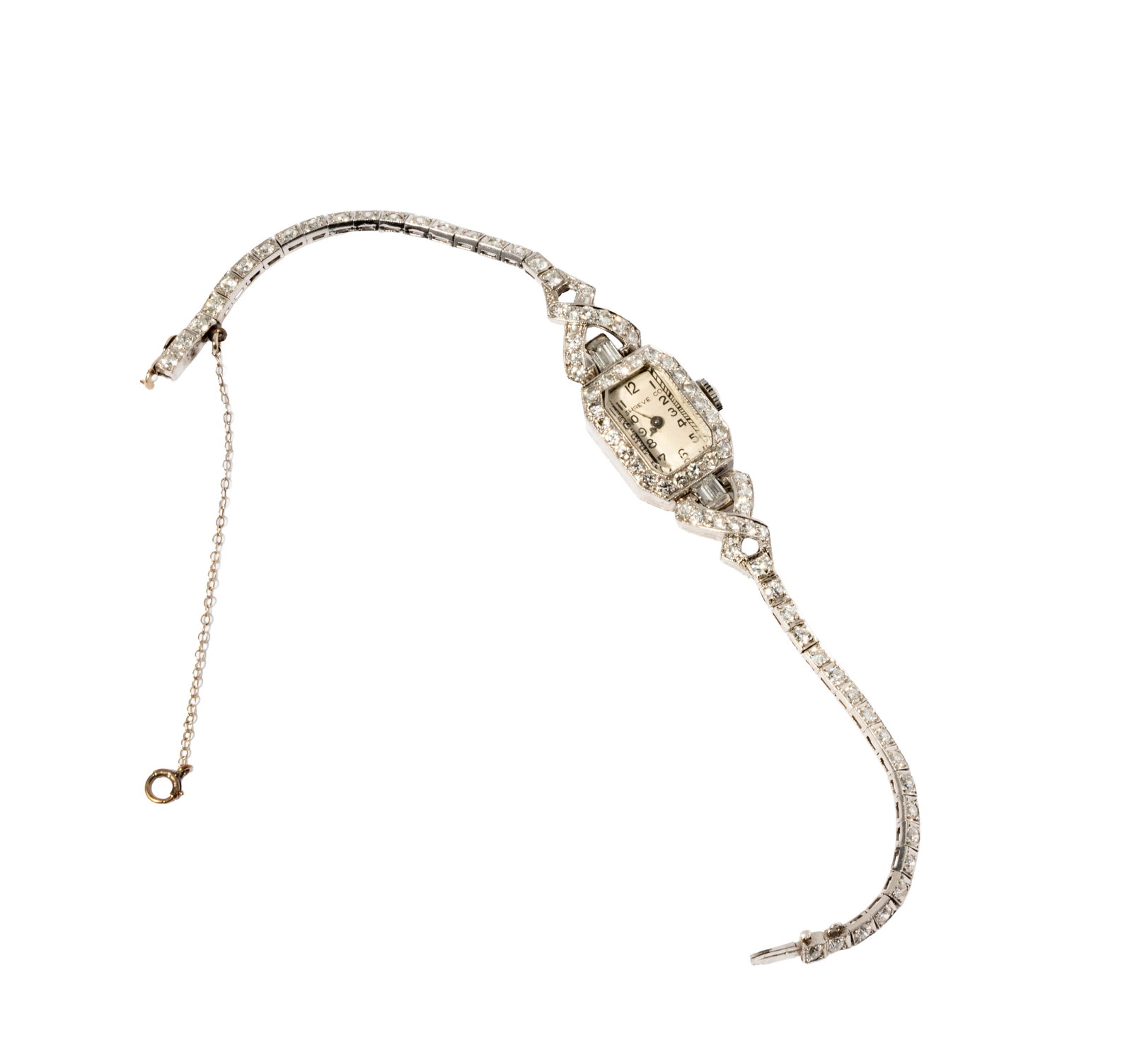 Shreve Palladium and Diamond Ladies Wristwatch: Including one Shreve Co. palladium and diamond ladies watch, set with 84 small round diamonds [H-I/SI] weighing approximately 2.50 carats, measuring 6-1/4 inches long, and weighing 17.8 grams;