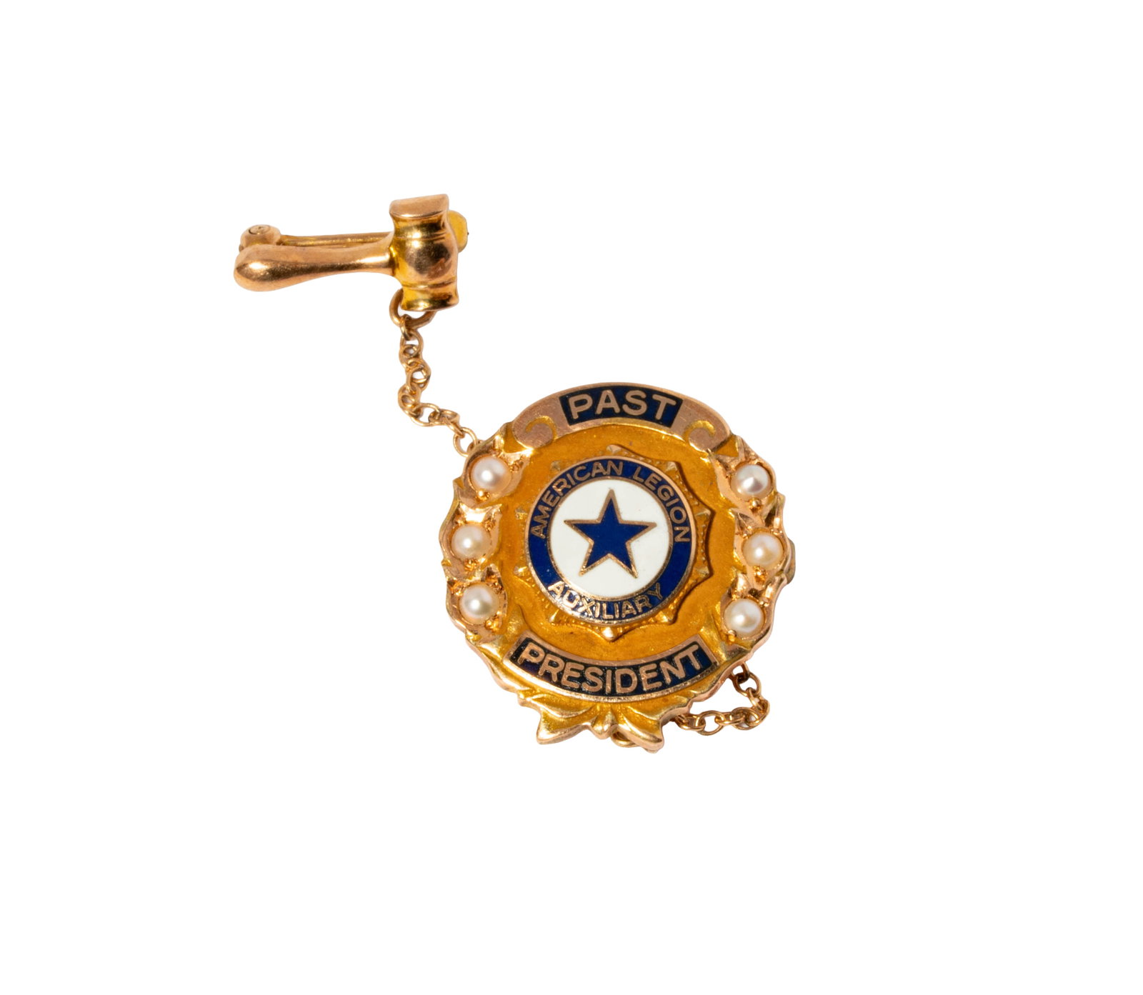 10 Karat Gold, Enamel, and Pearl American Legion Past President Pin: Including one enamel brooch with attached safety chain; stamped 10k, measuring 17.50mm in diameter, 4.6 grams;