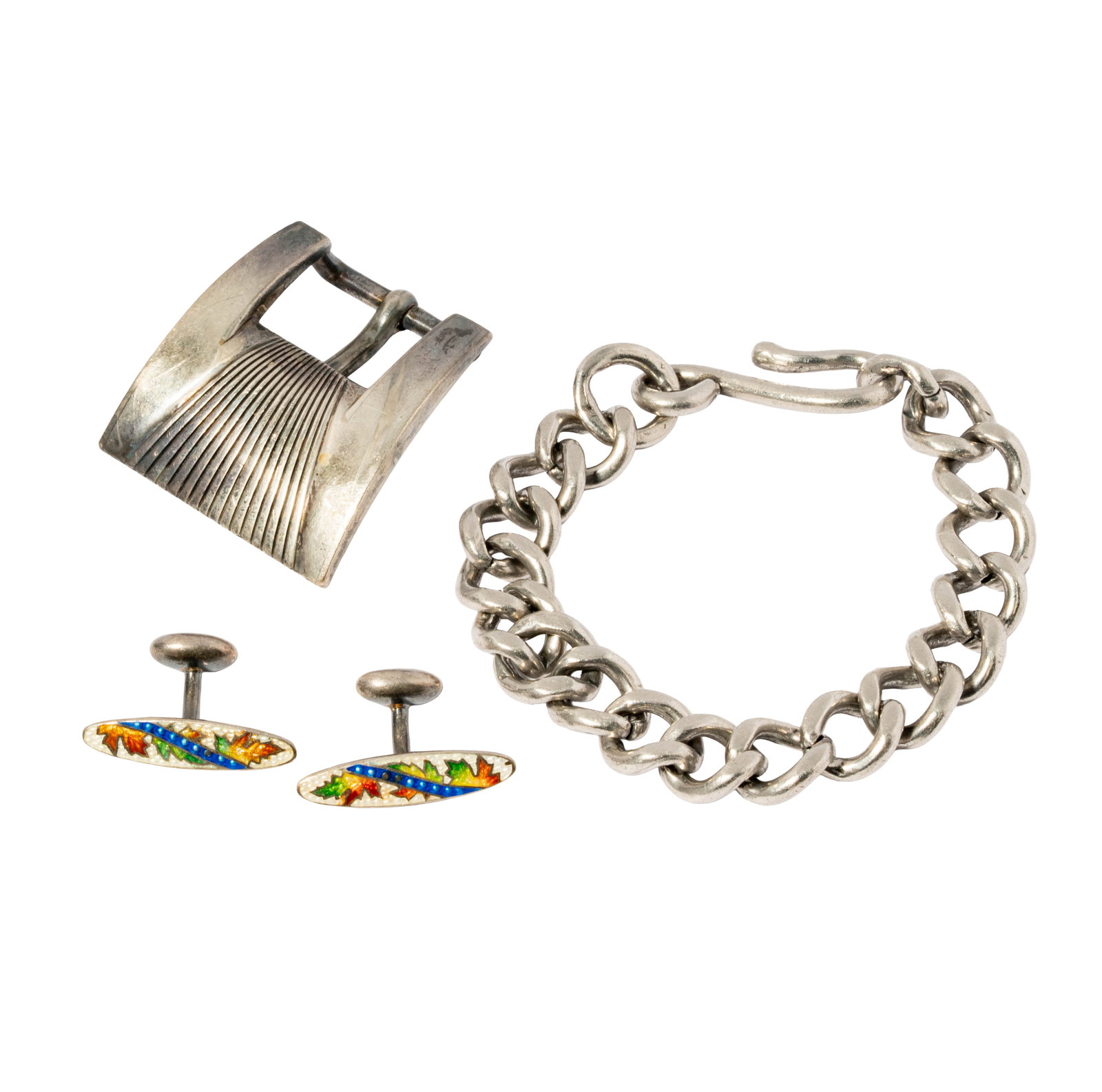 Group of Sterling Silver Jewelry: Including one sterling cuban link bracelet measuring 8 inches long by 1/4 inches, one pair of enamel cufflinks, and one sterling belt buckle marked 'LS'; together weighing 142.2 grams;