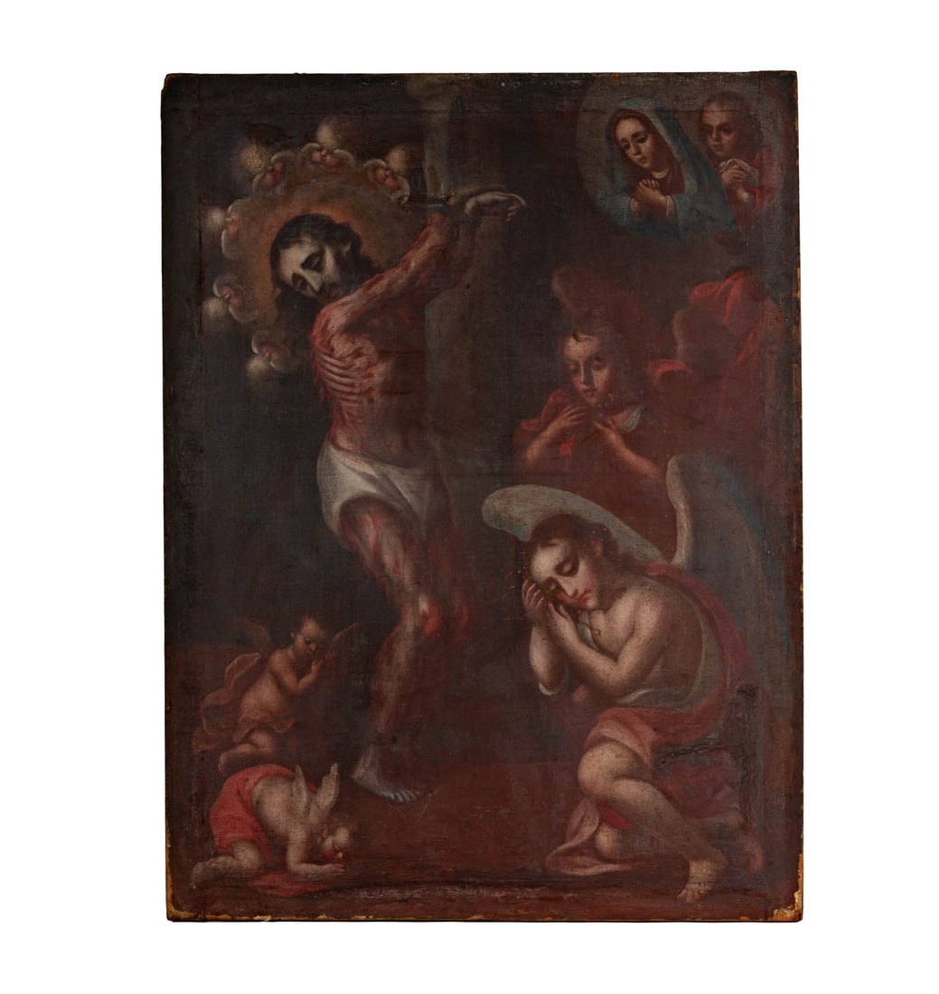 Allegorical Religious Painting: oil on canvas, unframed, 33 x 25 in.