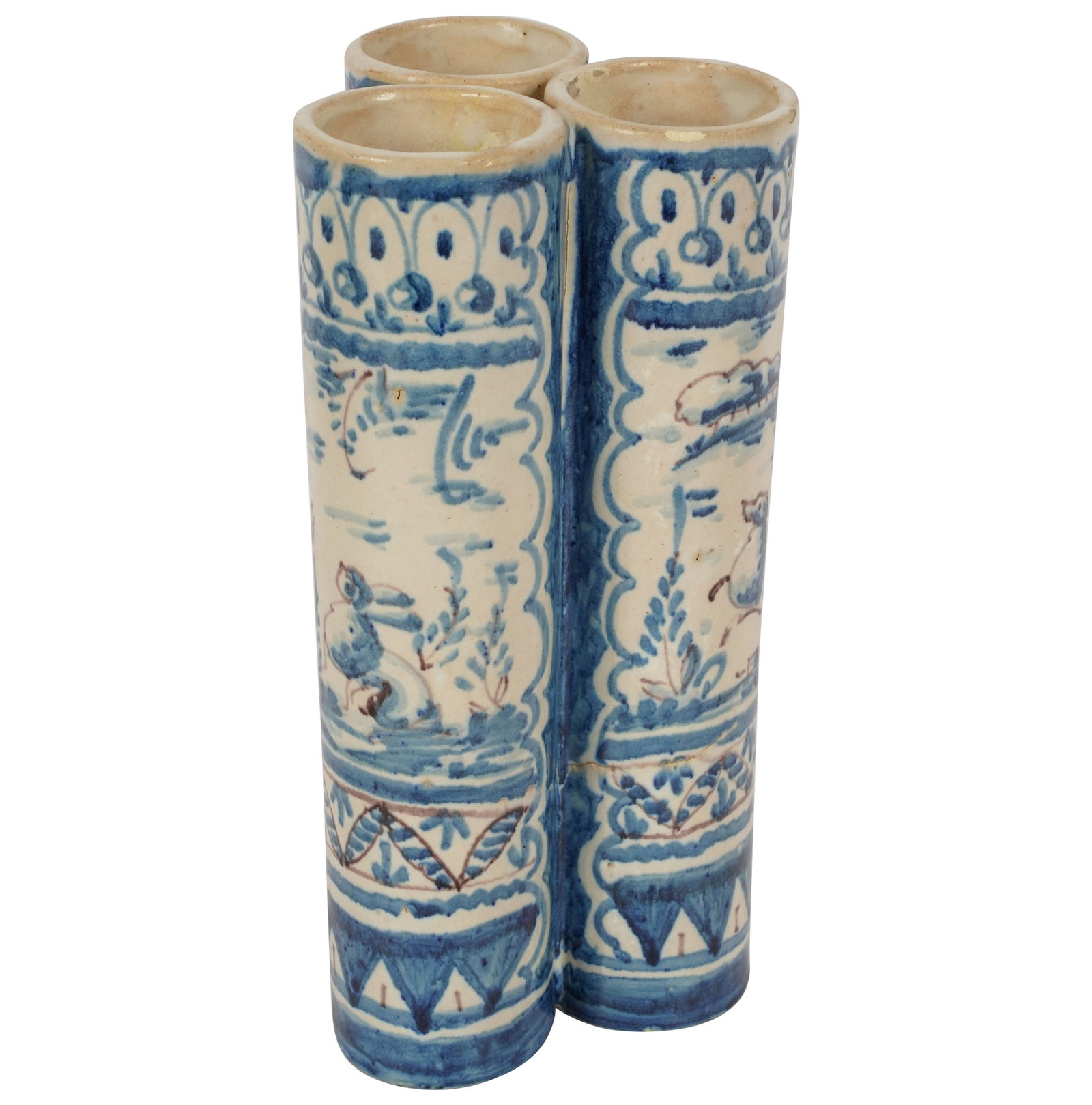 Antique French Blue and White Earthenware Triple Vase: 9 1/2 x 4 1/2 x 4 1/2 in.