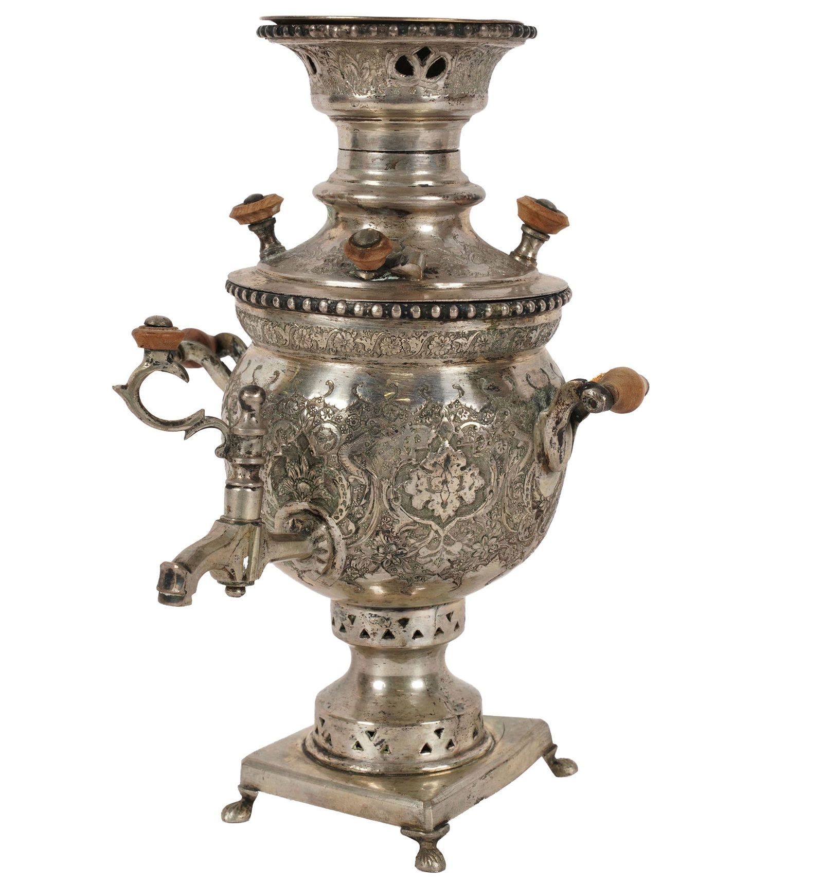 Persian Silver Water Urn with Tray: urn: 8 1/2 x 6 x 6 in., approximately 622 grams
