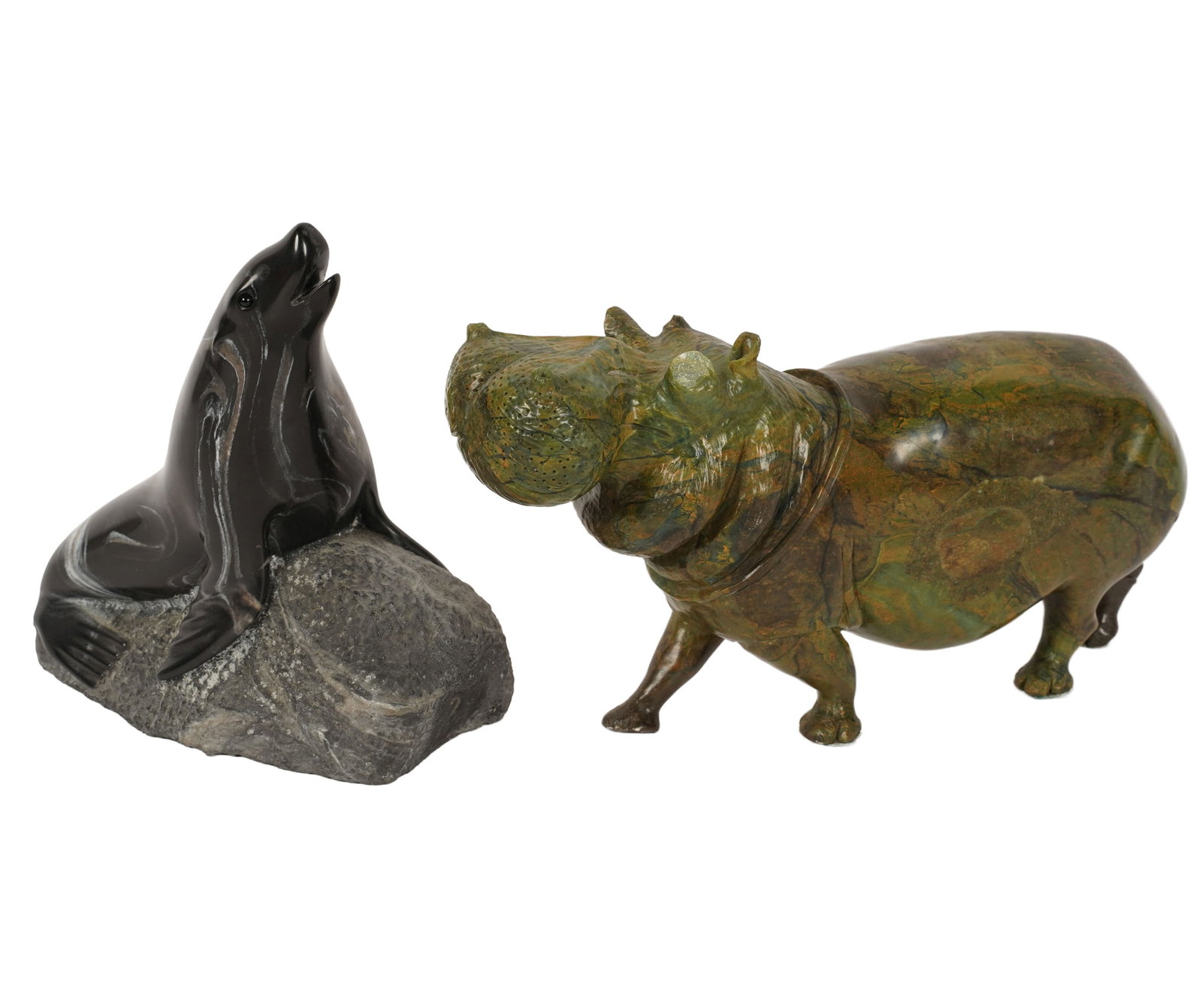 Two Animal Stone Carvings: largest: 6 x 12 x 3 in.
