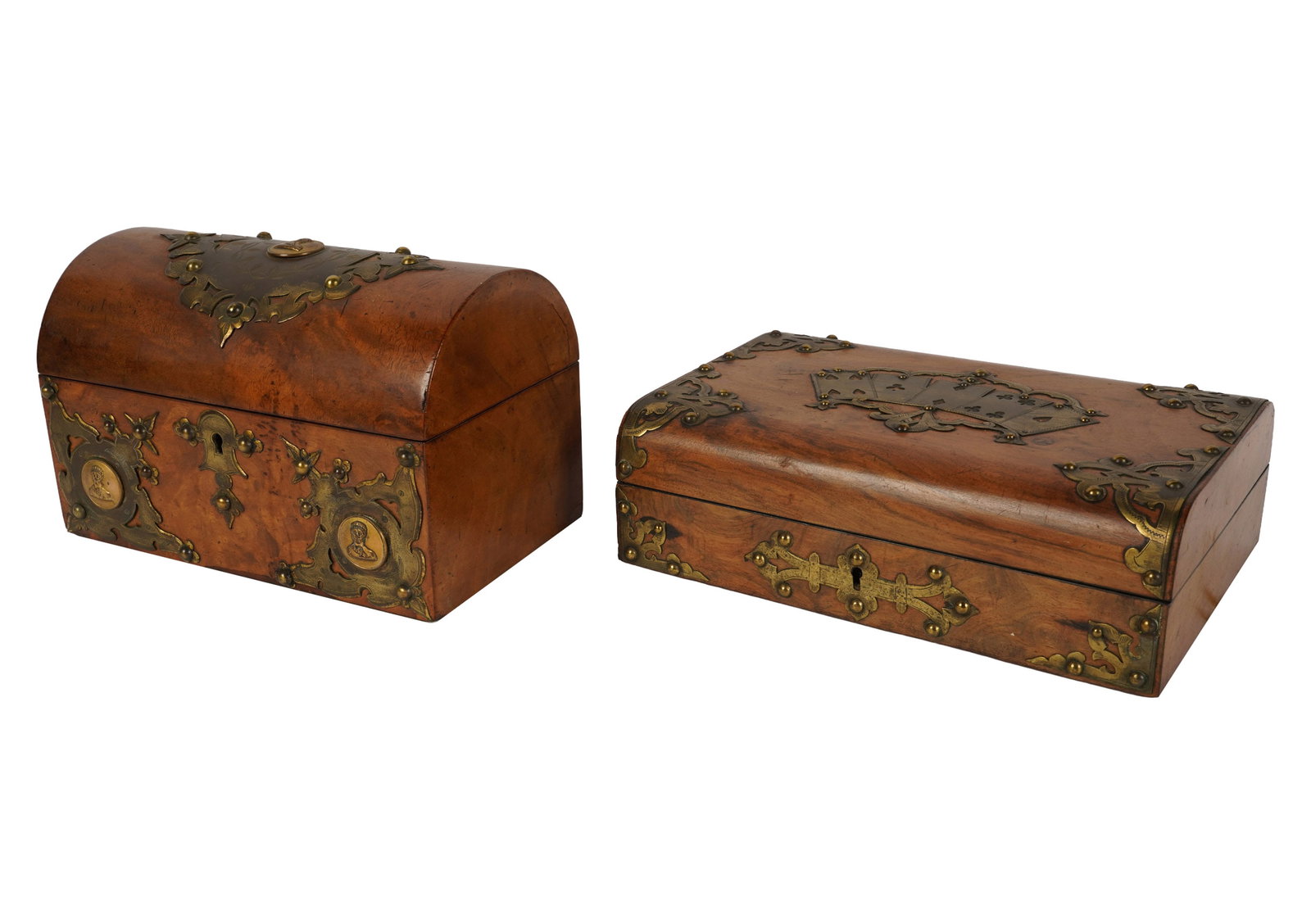 Two Burl Walnut and Gilt Metal Table Boxes: 19th century, largest: 6 x 9 1/2 x 5 1/2 in.
