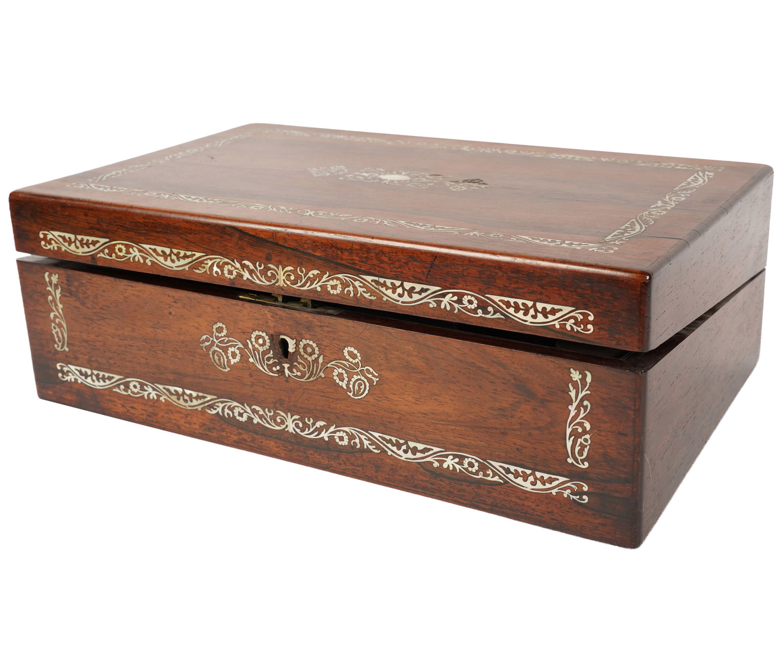 Mahogany Pearl inlaid Travel Desk: with leather inset, 5 1/2 x 16 x 9 3/4 in.