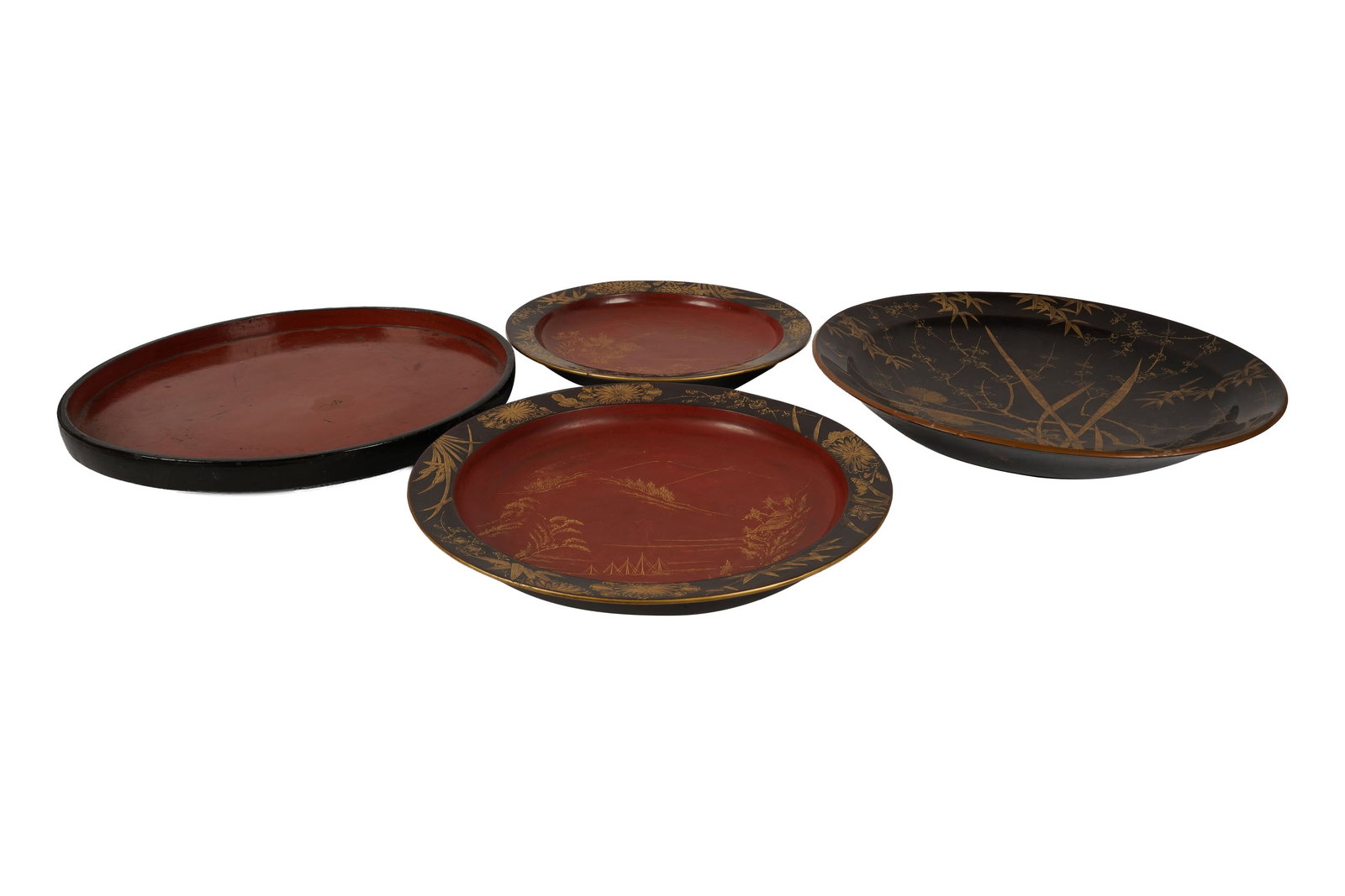 Four Japanese Lacquer Trays: largest: 2 1/2 x 15 1/4 x 15 1/4 in.