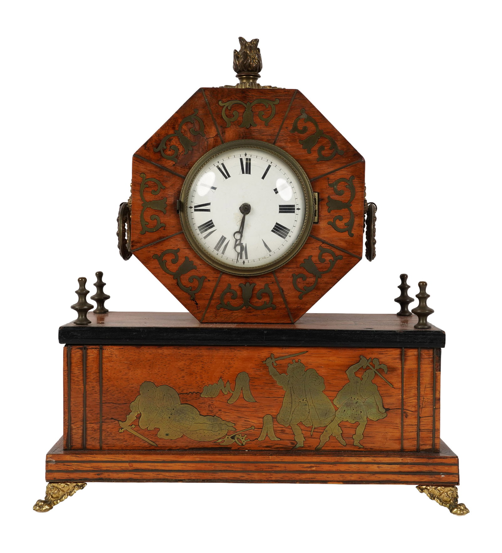 Regency Inlaid Mantle Clock: overall: 15 1/2 x 13 3/4 x 6 1/4