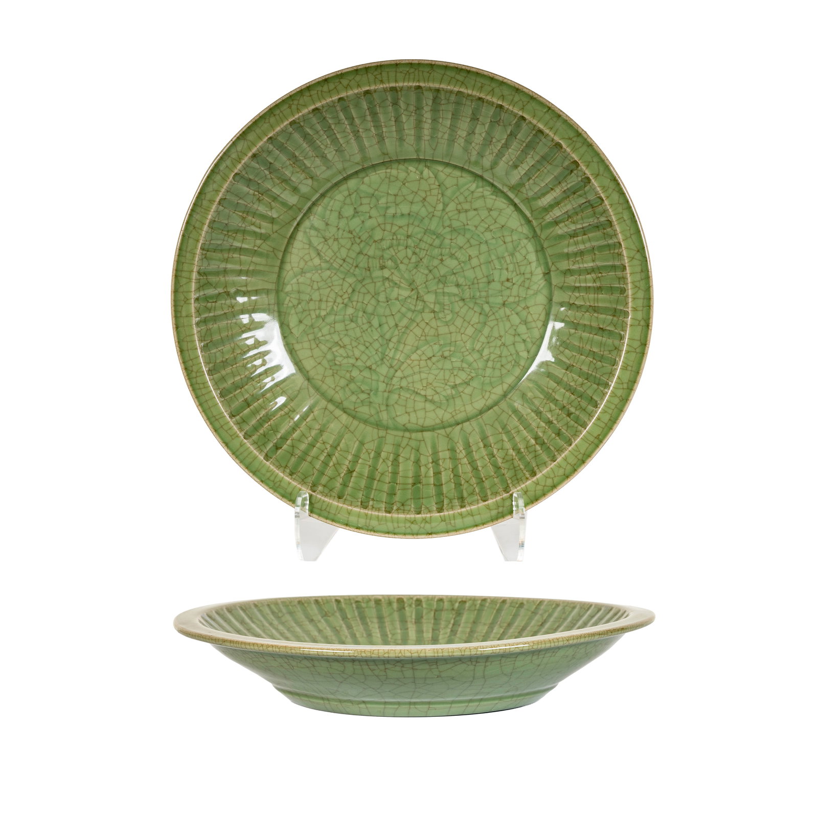 Large Celadon Glazed Charger: unsigned, crackleware throughout, 3 x 18.5 in.