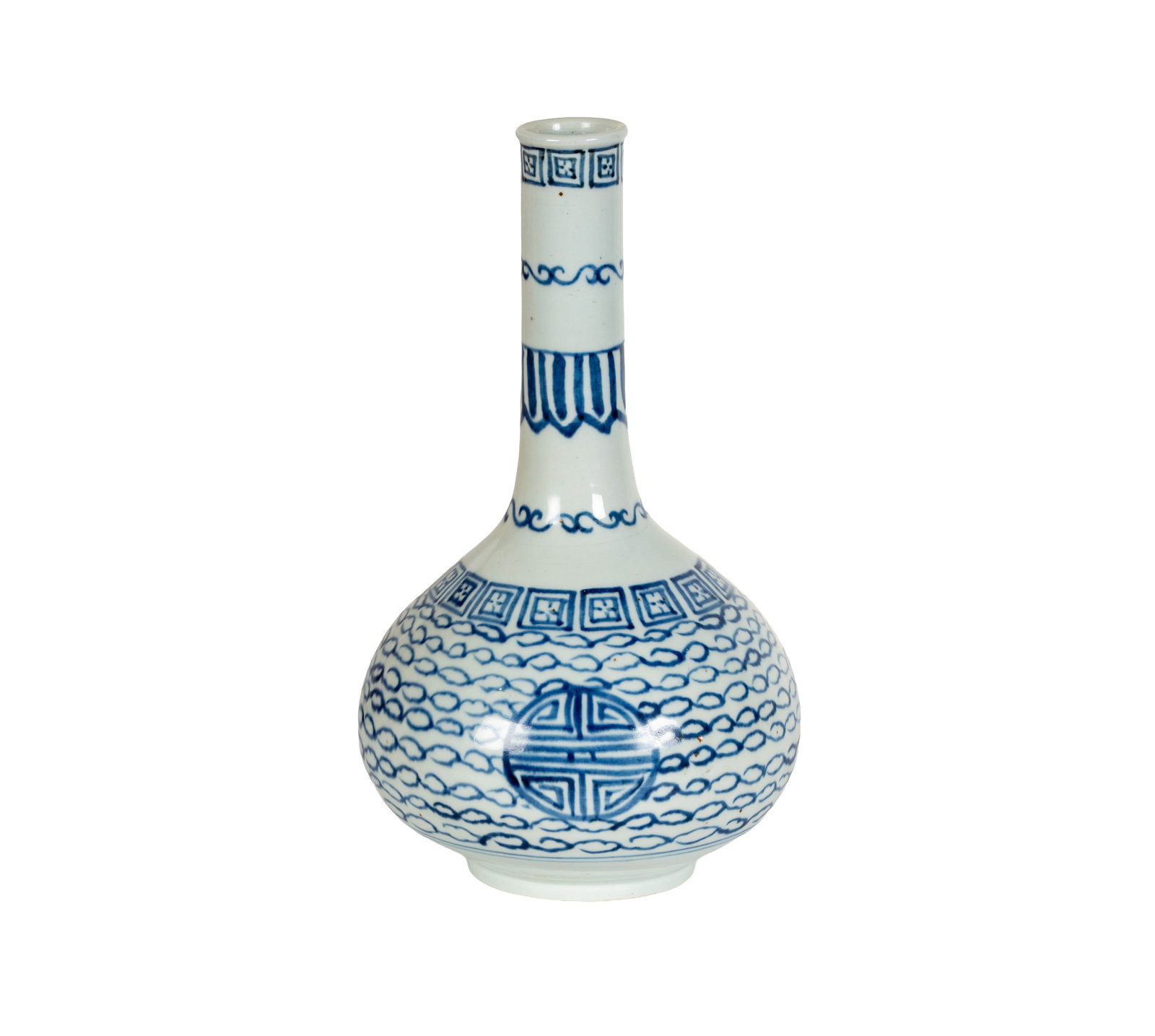 Korean Blue and White Vase: A decorative vase in a Korean, featuring a bulbous body and long neck. The vase is decorated with blue geometric and wave patterns on a white background. Placed on a wooden box. 11 in