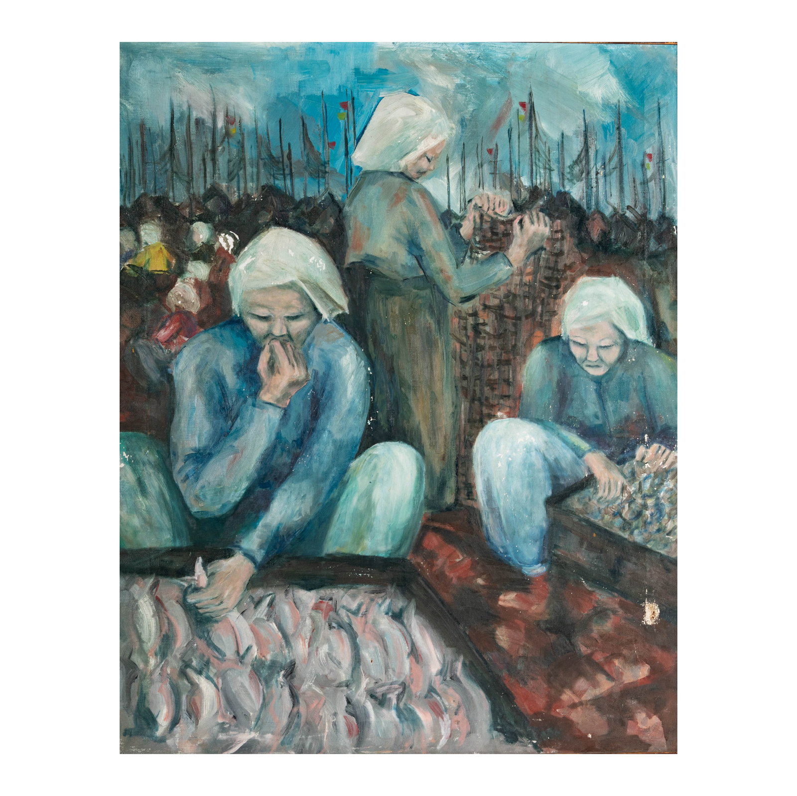 Joan Elizabeth Fowler, Fisherwomen, Korea, 1964: Oil on canvas painting by Elizabeth (Dee) Fowler, dated Sept. 1964. Depicts fisherwomen at the harbor in Inchon, Korea. Framed., frame: 31 1/4 x 25 in.