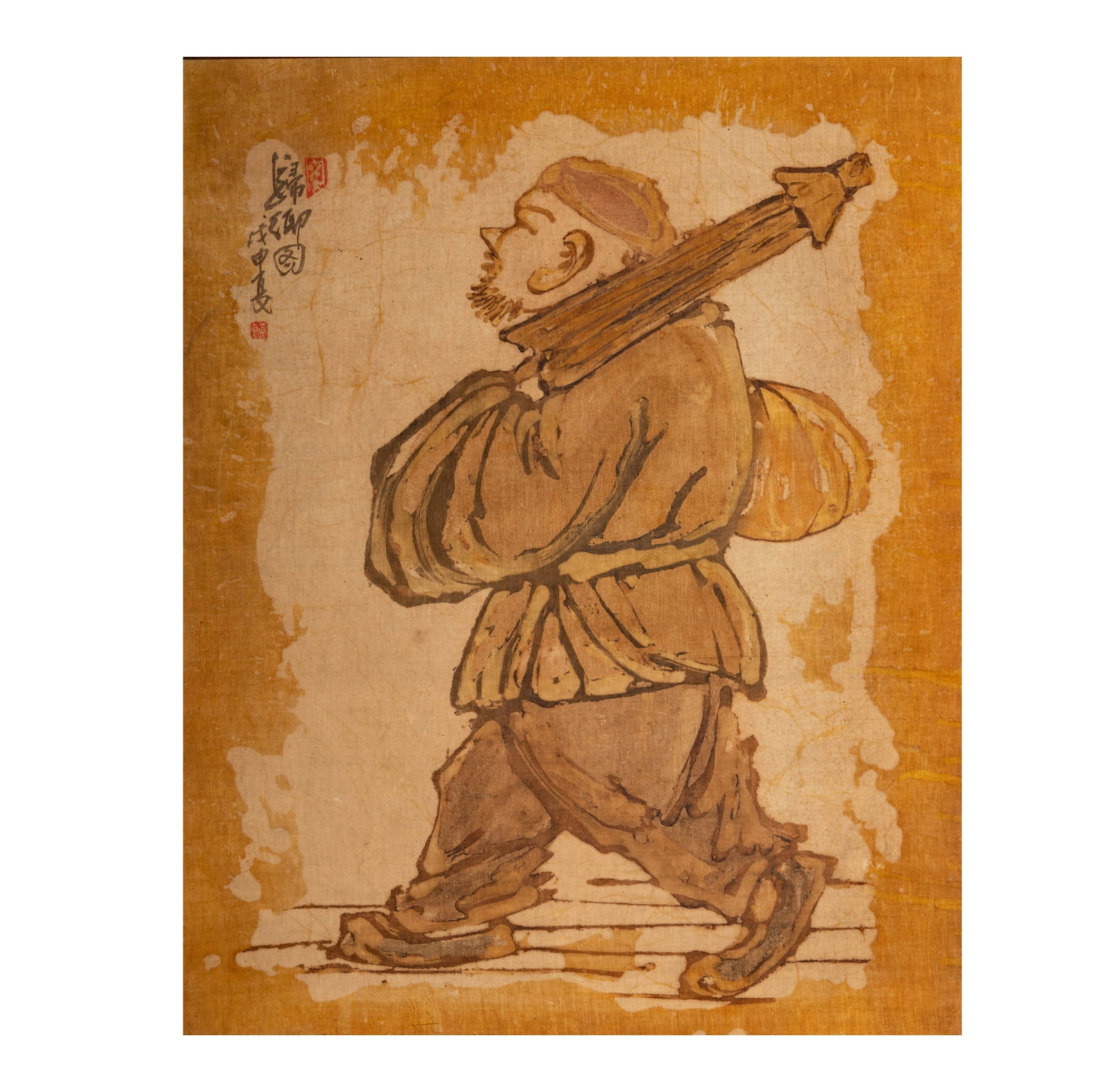 Asian Style Painting of Man with Instrument: Asian style painting on canvas depicting a man carrying a stringed instrument. The painting features muted brown and beige tones and is mounted in a wooden frame. Signed with calligraphy in the upper