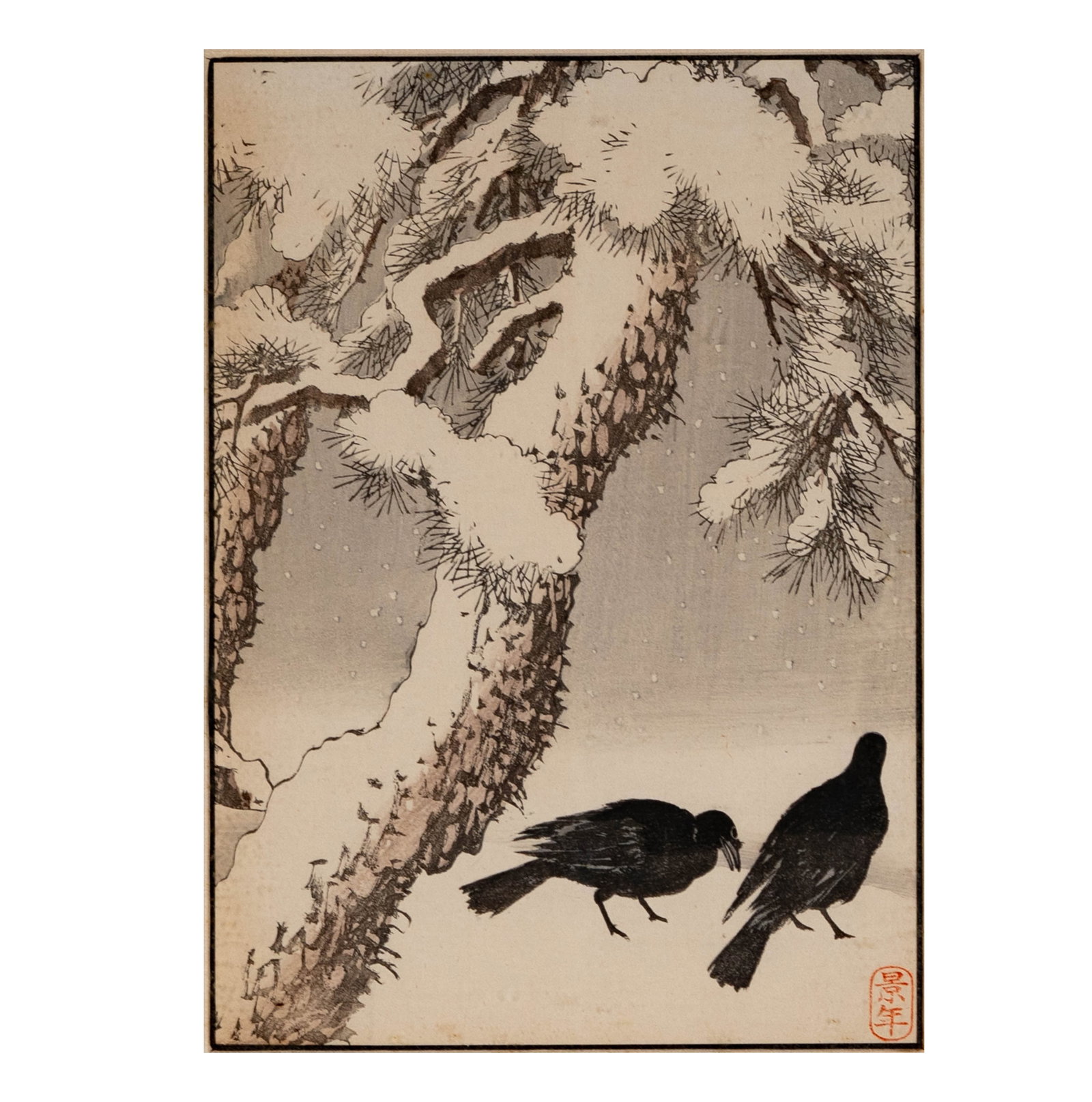 Imao Keinen Woodblock of Crows in Snow (1 of 9)
