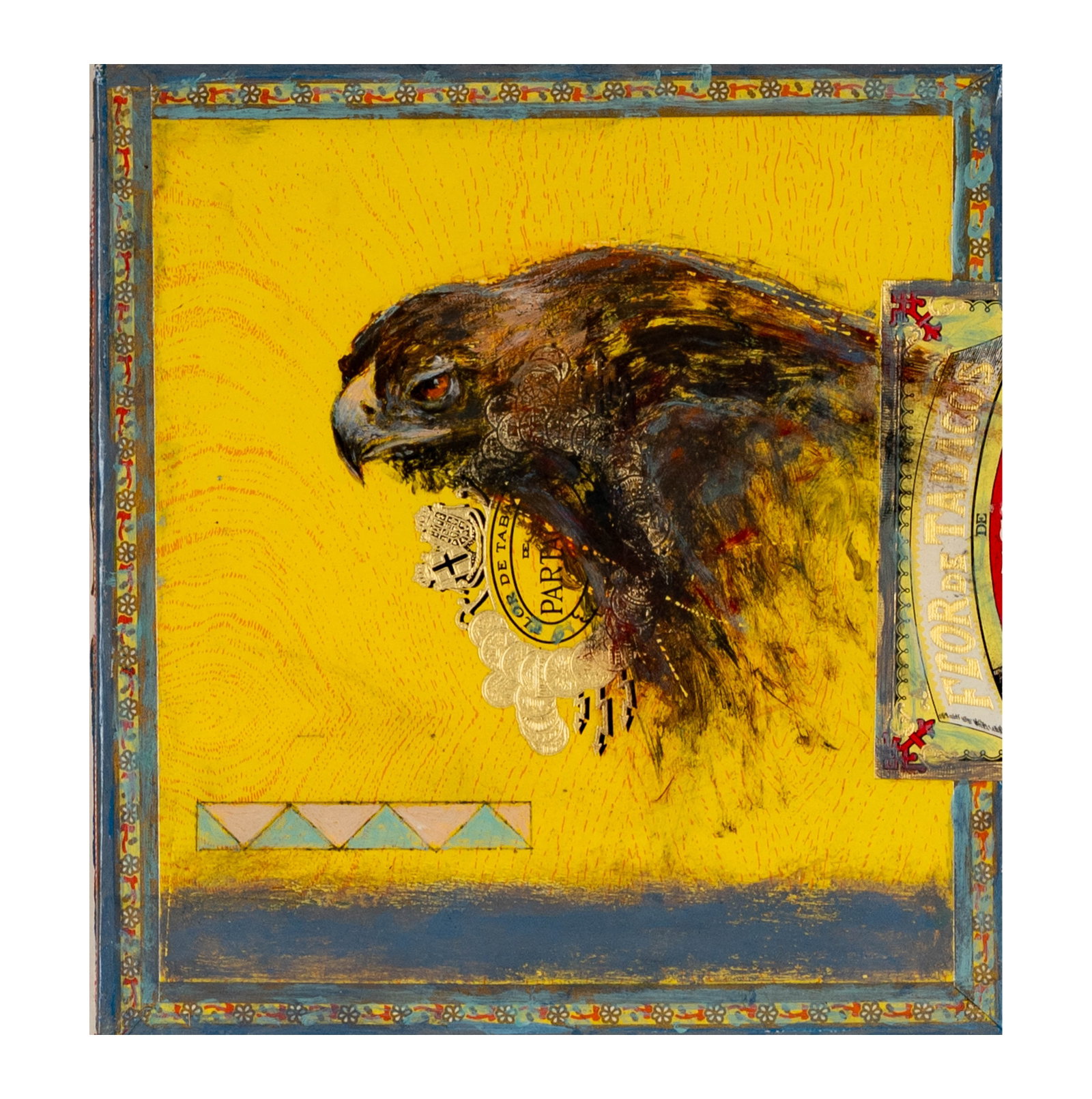 Ed Musante ( 1942-2022), Hawk/Flor de Tabacos: mixed media on cigar box lid, 8 1/2 x 8 in., frame: 16 3/4 x 16 in.