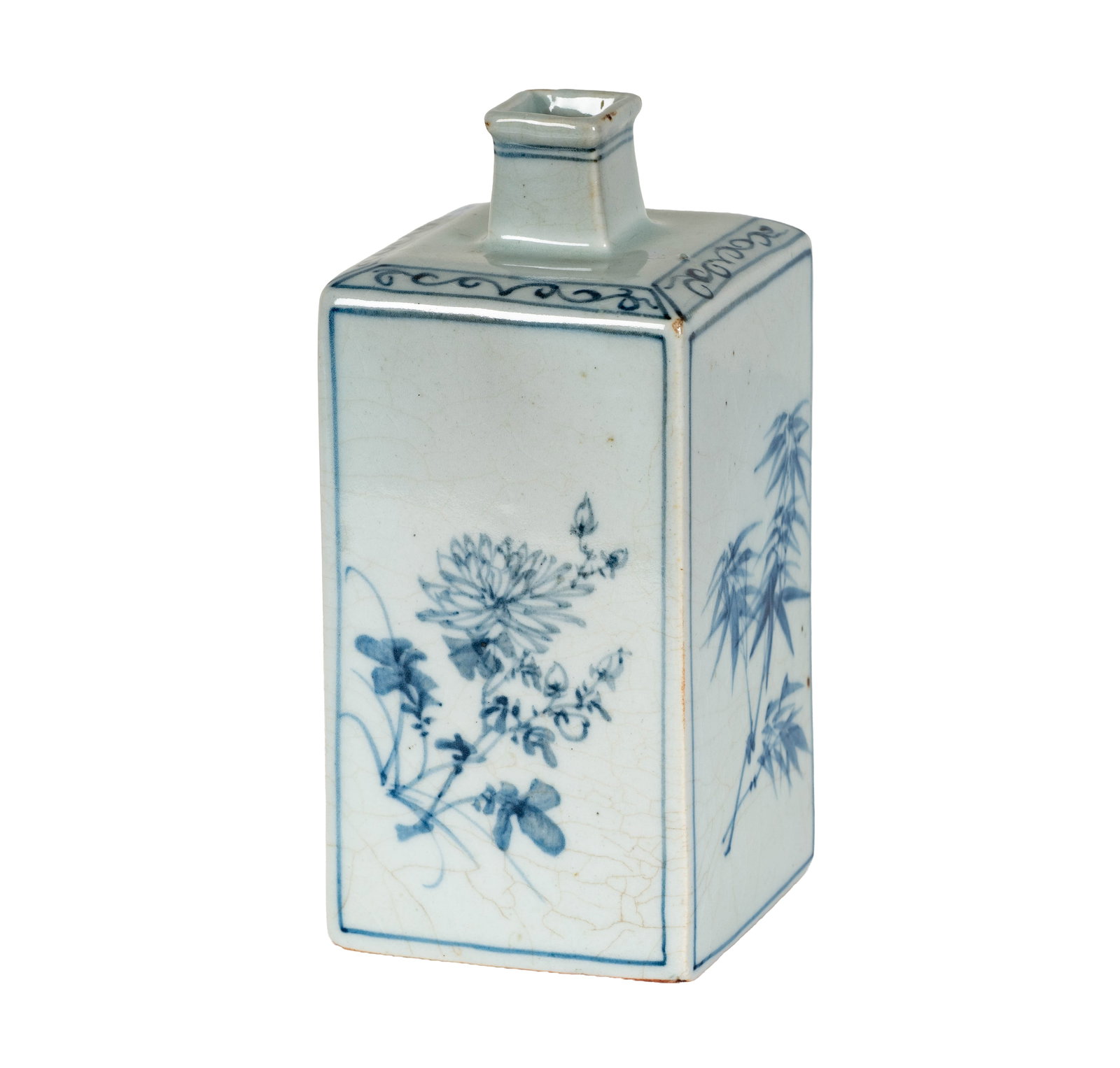 Korean lBlue and White Porcelain Bottle Vase: A blue and white porcelain bottle vase with floral and bamboo decoration. Square form with a small neck. Some crazing is visible. 8 in. high