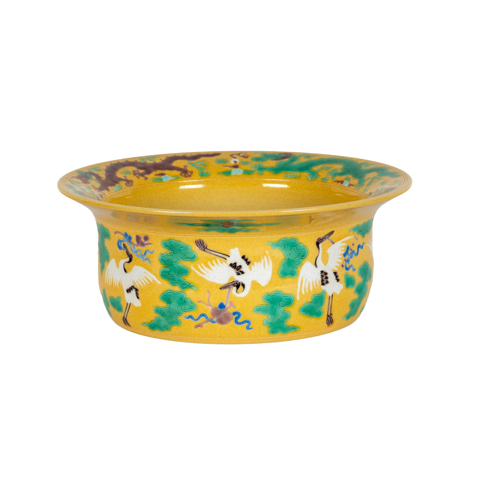 Chinese Yellow Glazed Crane and Dragon Vase: porcelain, four character marks to underside, 4.5 x 10.25 in.