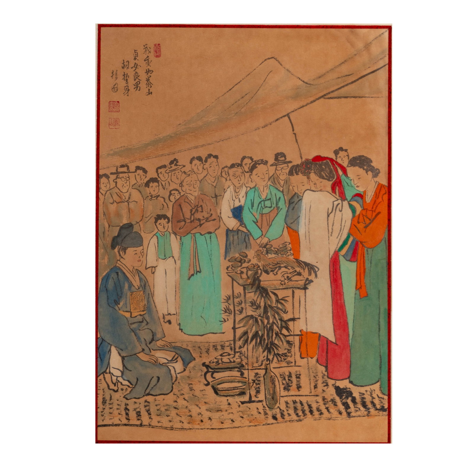Framed Korean Wedding Scene Painting: Framed painting depicting a traditional Korean wedding scene with numerous figures. The painting is executed on a light brown ground and framed in a gold-tone frame. Calligraphy present in the upper l