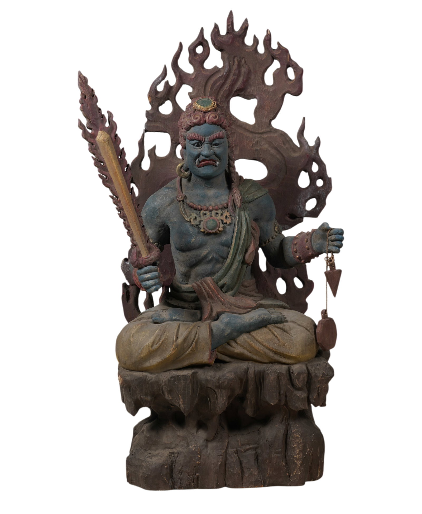 Chinese Carved and Painted Figure of Futo Myoo: contemporary, carved and painted in an antique style, 53 x 23 x 19 1/2 in. Reproduced in China, in the style of ancient figures