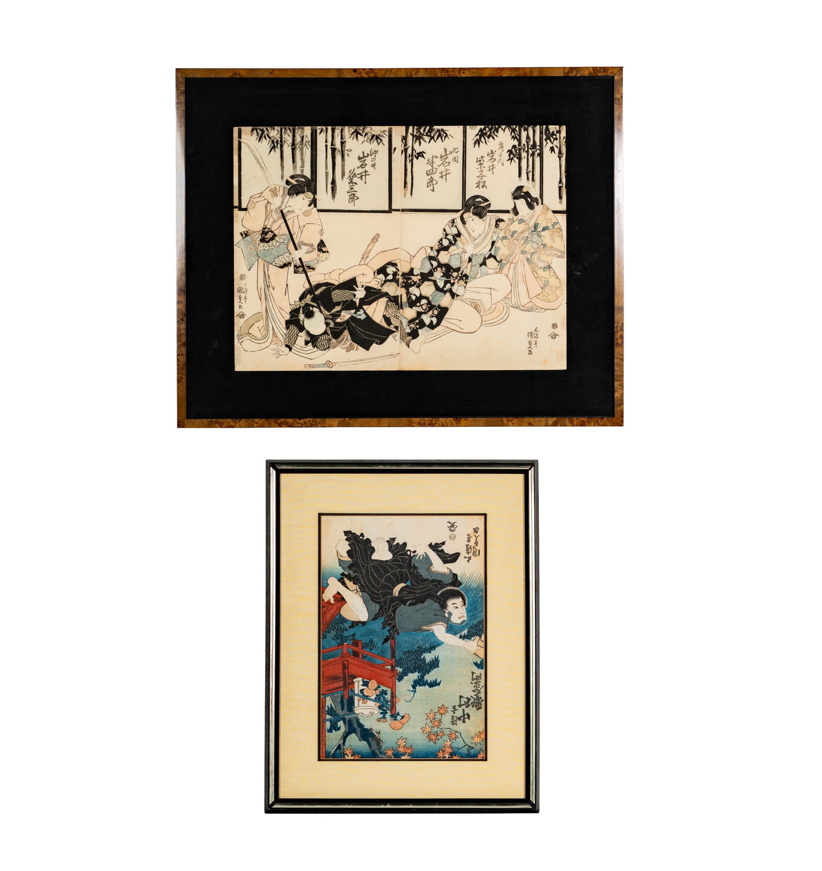 Two Japanese Woodblocks: each with signatures and seals, larger frame: 21 1/2 x 26 3/4 in., smaller frame: 16 1/2 x 26 3/4 in.