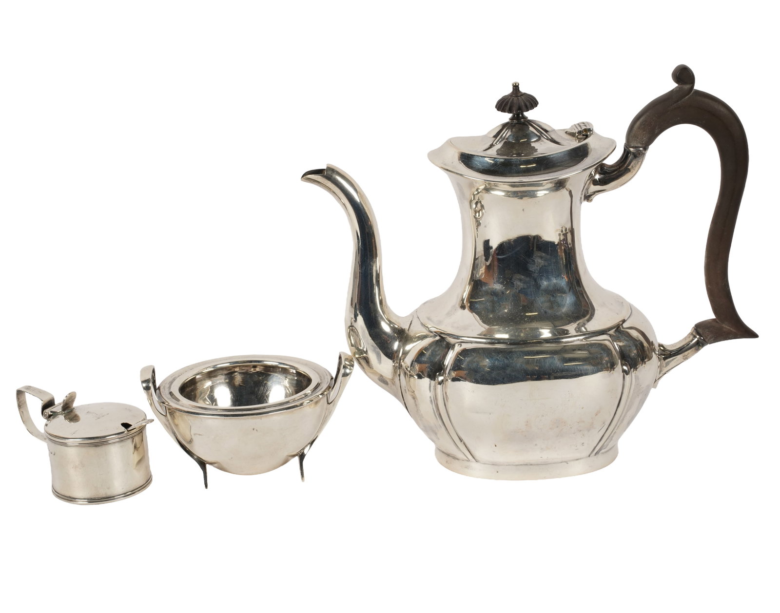 Group of English Sterling Tablewares: comprising a George V coffee pot, marked for W&EV, Sheffield, 1912, with wooden handle and finial, approximately 846 grams gross, 9 in, high; a Victorian mustard pot, marked for John Williams,