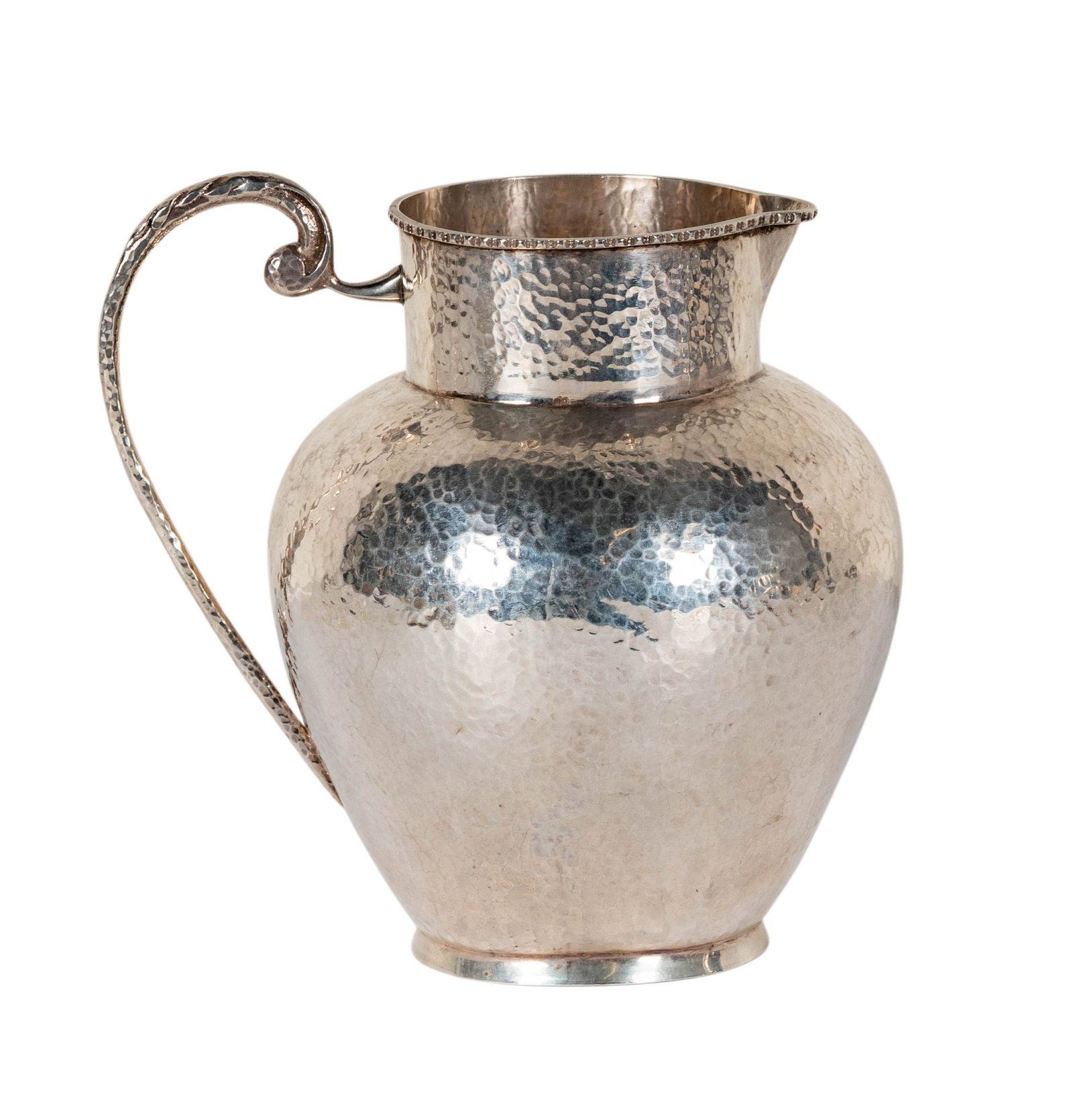 Colombian Hammered Silver Pitcher: marked "905" to underside, approximately 501 grams, 7 1/4 x 7 x 5 1/2 in.