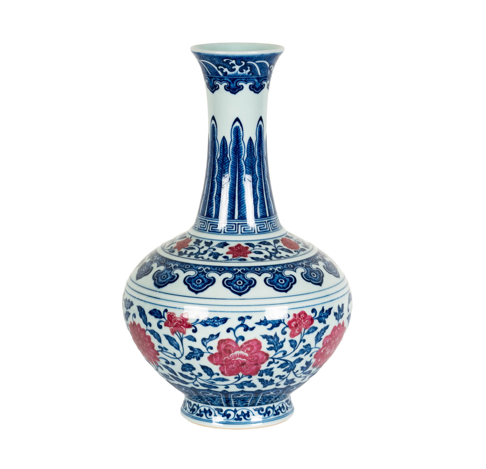 Chinese Blue and White Floral Porcelain Vase: character marks to underside, 15 x 9 in.