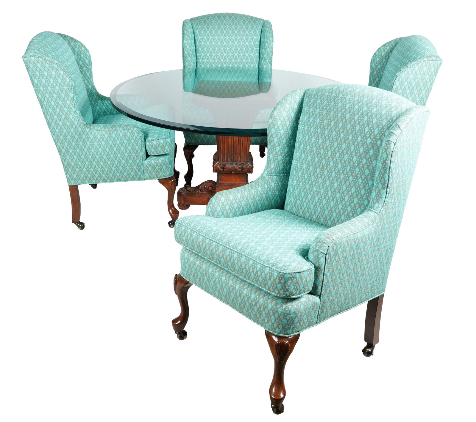 Round Glass Top Mahogany Game Table with Four Wingback Chairs: comprising: glass top table, (29 x 54 in.), and four chairs, (40 1/2 x 24 x 24 in. seat height: 21 in.)
