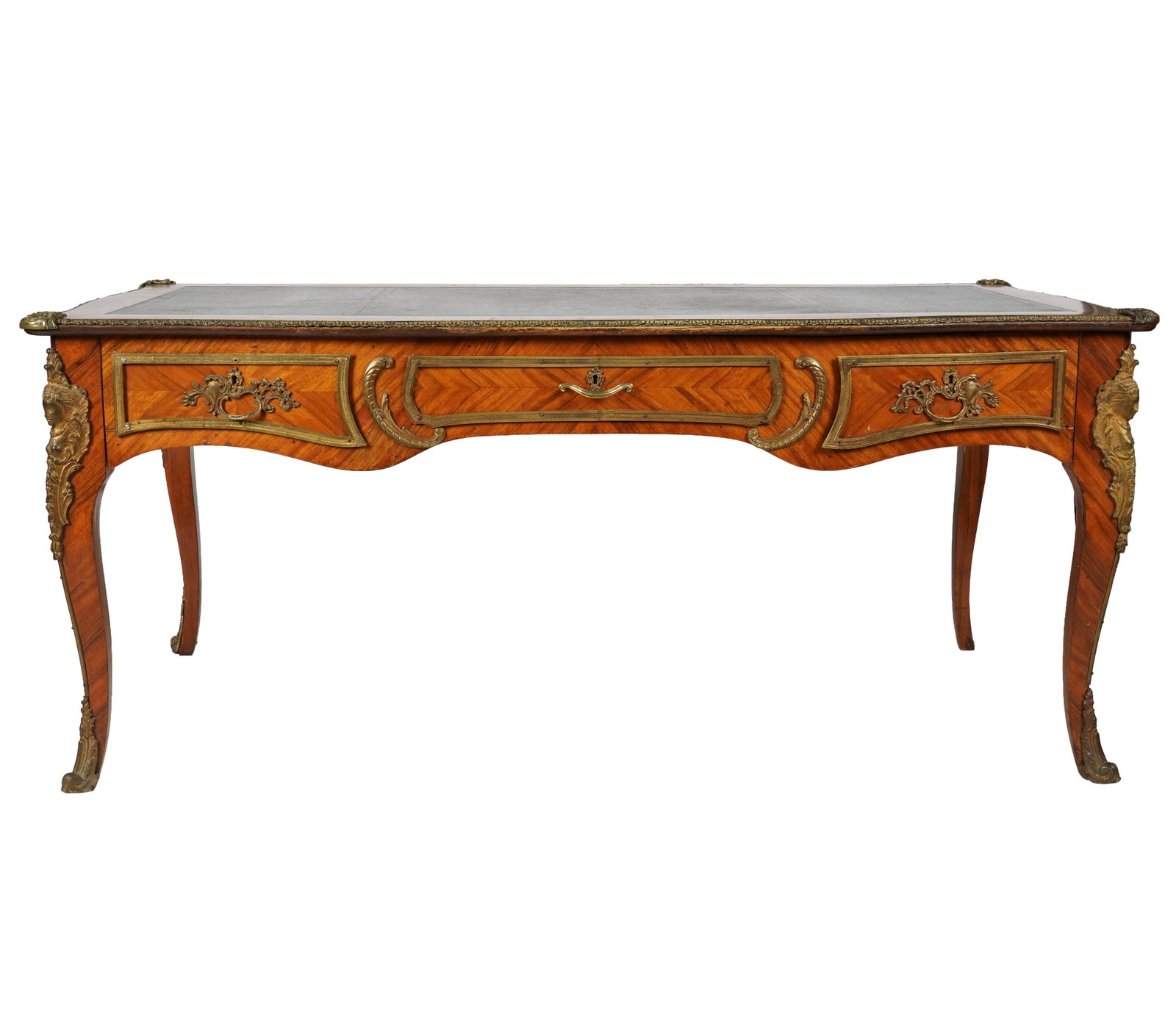 Louis XV-Style Ormolu Mounted and Leather Inset Bureau Plat: 19th century, 30 x 68 x 32 in.