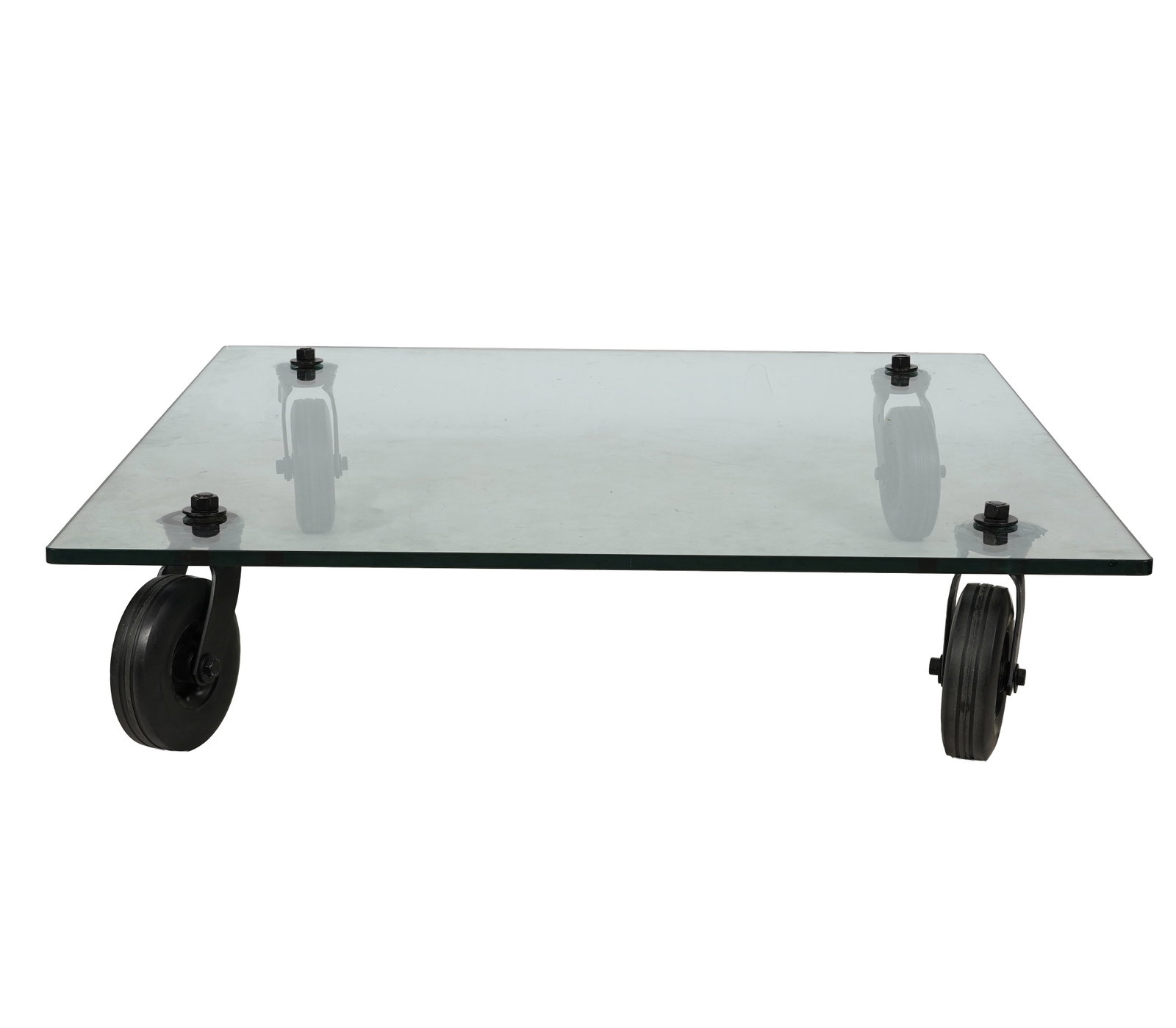Industrial Style Glass and Wheel Base Coffee Table: 12 x 48 in.