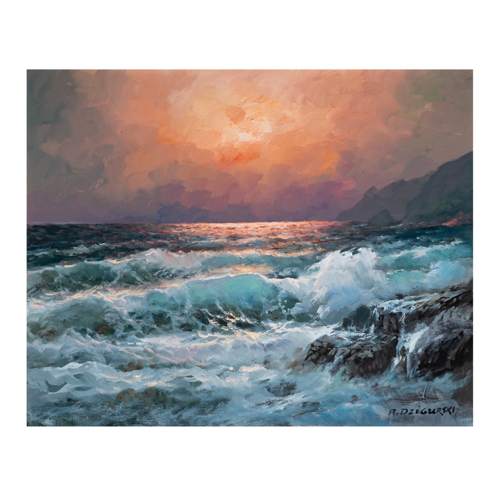 Alexander Dzigurski, (1911-1995), Seascape: seascape at sunset, oil on canvas, signed lower right, canvas:16 in. x 20 in. frame: 24 3/4 in. x 28 1/2 in.