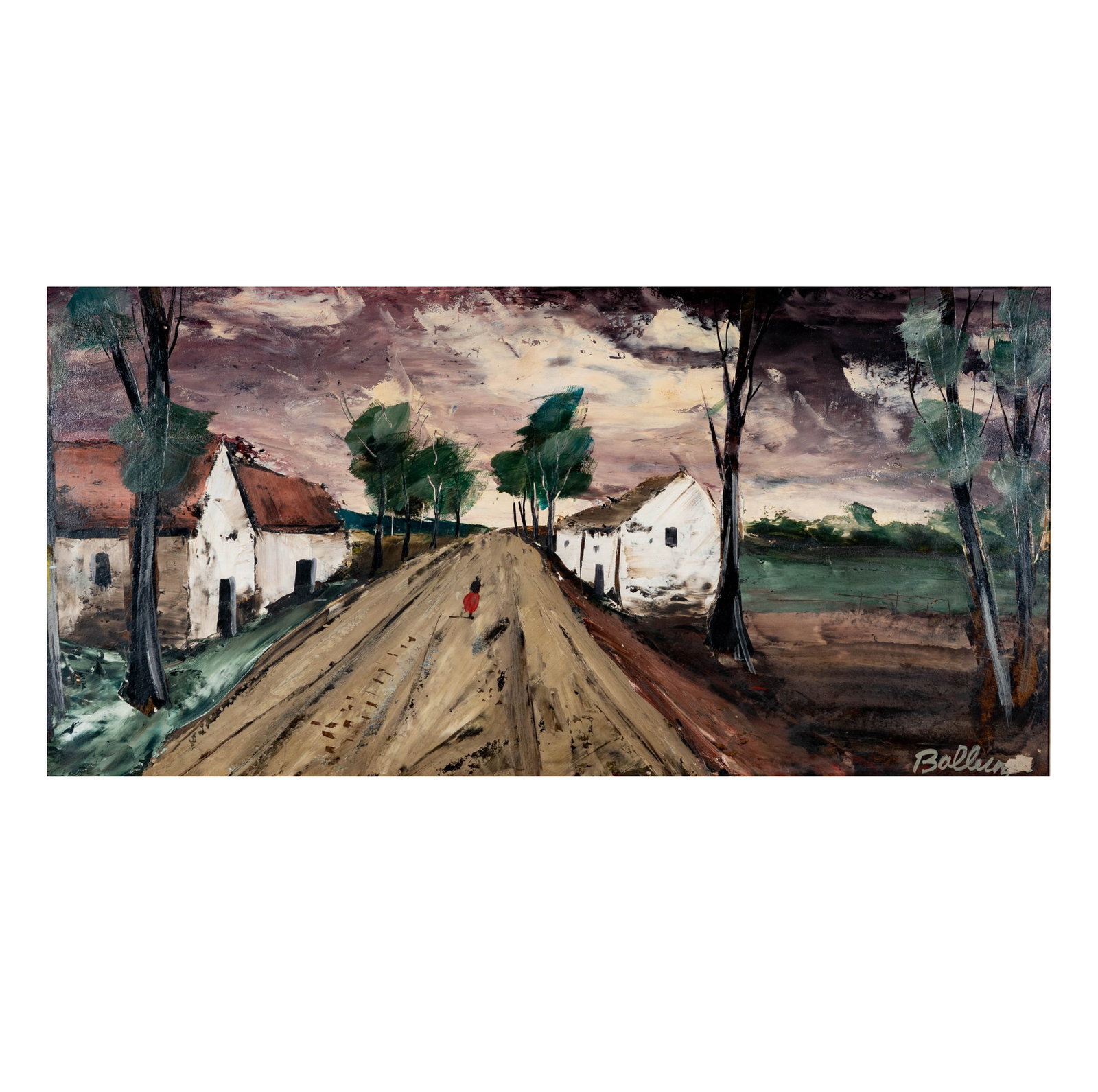 French Rural Country Landscape: oil on panel, signed lower right, sight: 14 1/2 x 29 1/2 in., frame: 20 3/4 x 35 1/2 in.