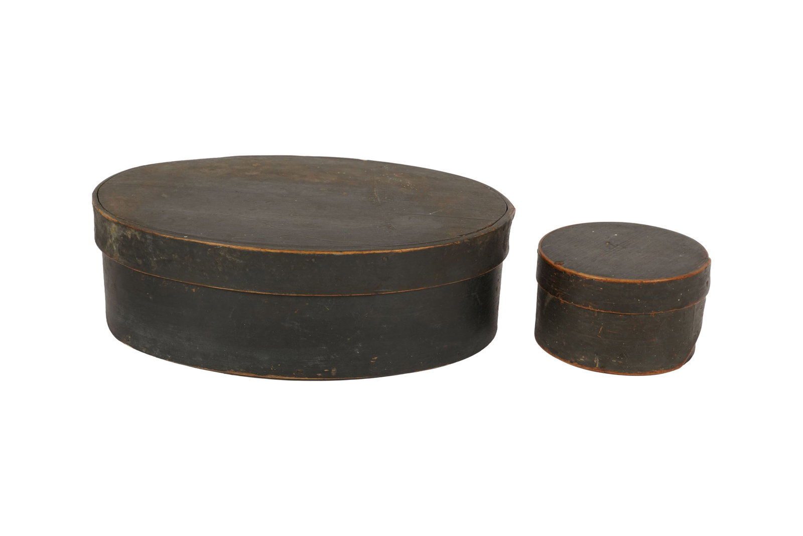 Two Vintage American Black Bentwood Boxes: 19th century, smallest: 2 1/2 x 4 in., largest: 3 1/4 x 10 x 7 1/2 in.