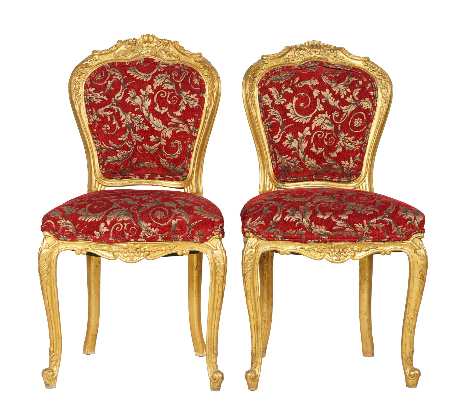 Pair of Antique Louis XV Giltwood Side Chairs: 19th century, red and gold velvet upholstery, 37 3/4 x 19 1/2 x 16 in., seat height 19 in.