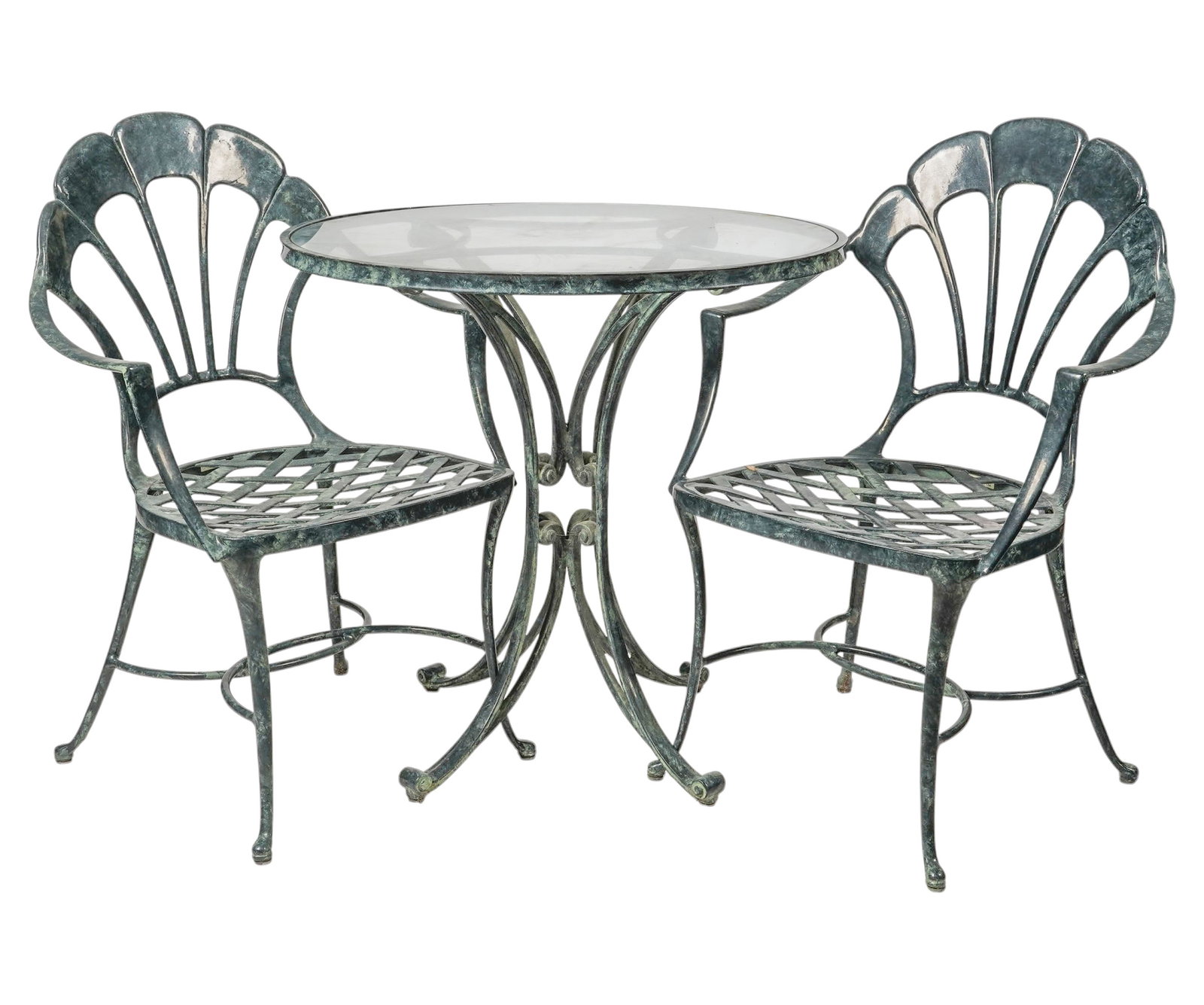Brown Jordan Patinated Metal Three-Piece Bistro Set: table: 29 x 30 in., chairs: 35 x 23 1/2 x 17 in., seat height 16 1/2 in.