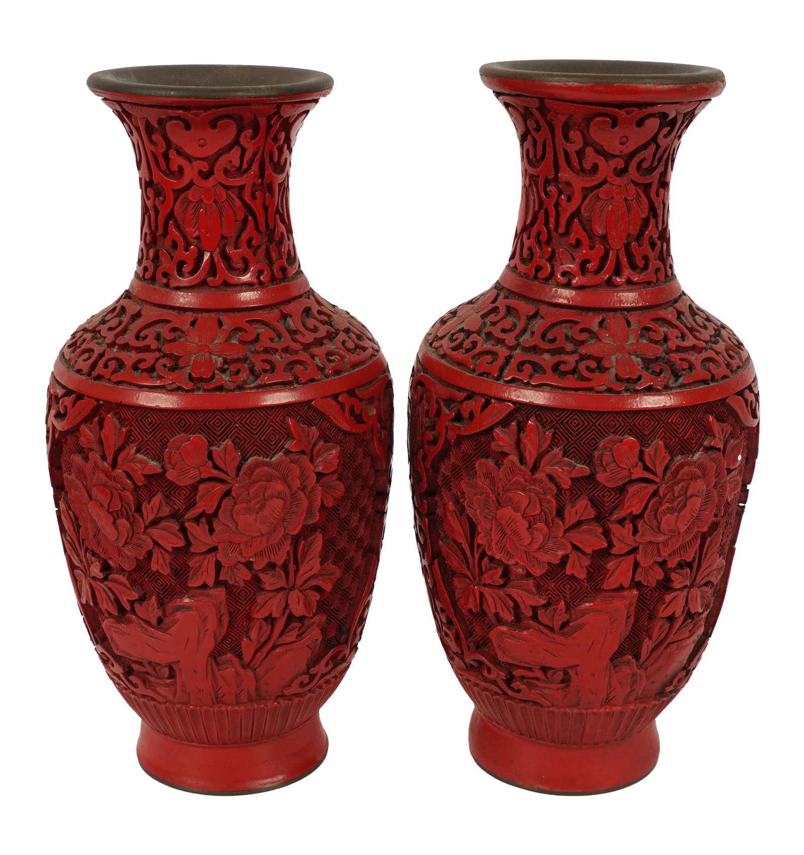 Pair of Chinese Cinnabar Vases: brass-lined, unmarked, 8 in. high