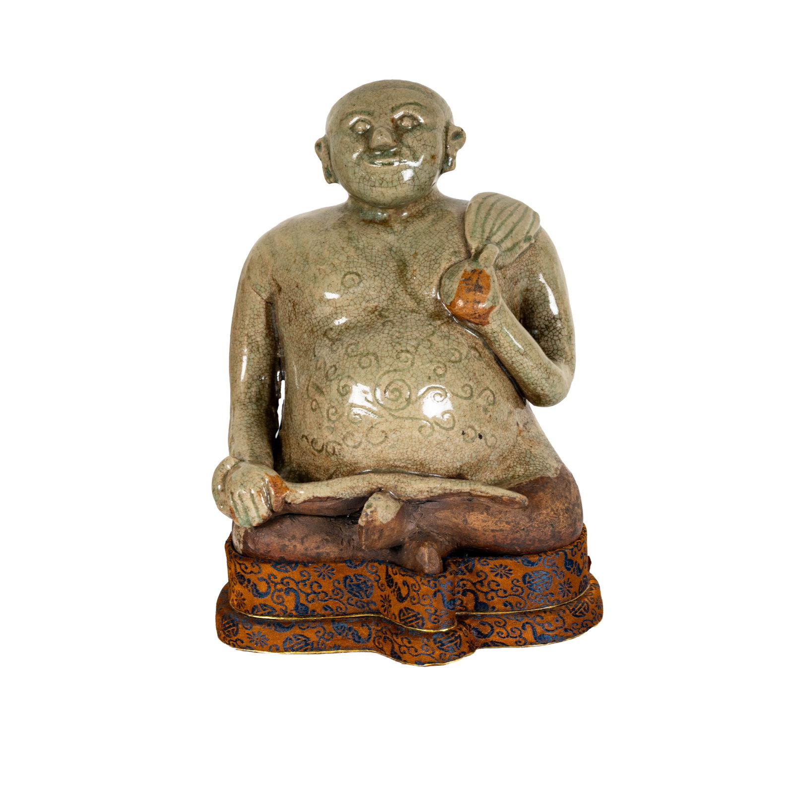 Chinese Celadon Glaze Buddha Figure: porcelain, unsigned, the figure: 8.5 x 7 x 5 in., the case: 12 x 9 x 8.5 in.